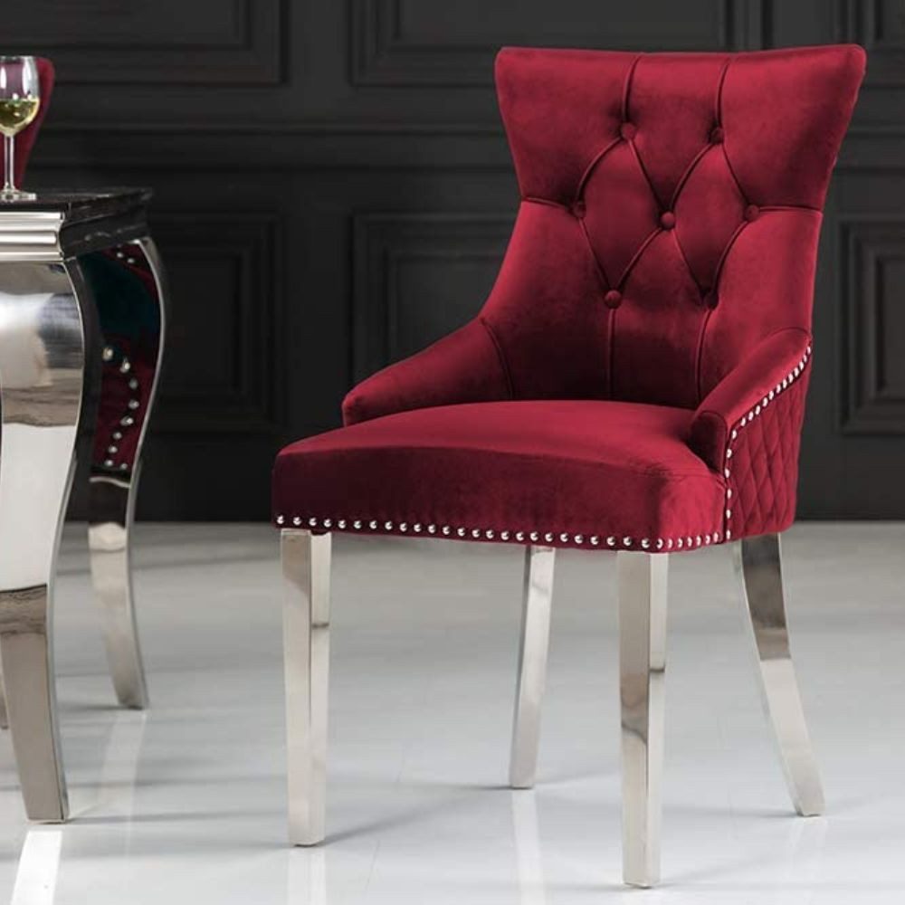 LebensWohnArt Stuhl Edler Stuhl LEON Samt rot Löwenkopf Chesterfield
