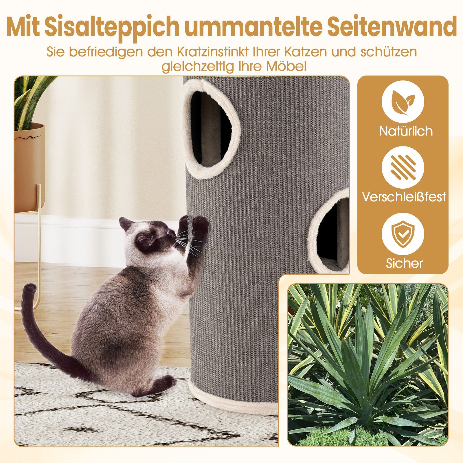 KOMFOTTEU Kratztonne, mit 3 Höhlen, Plüschbett, Liegefläche & Sisal-Kratzbrett