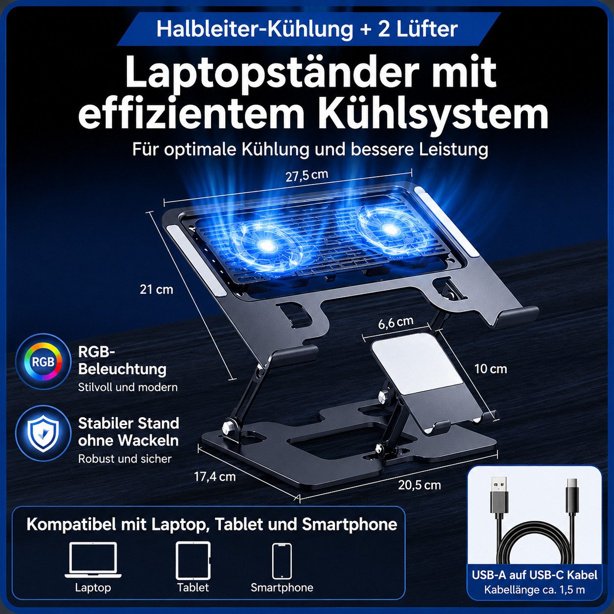 OYLCDI Notebook-Kühler Höhenverstellbarer Laptopständer mit 2 Kühlventilatoren, belüfteter Laptopaufsatz für bis 17 Zoll Laptops – Bild 4 von 5