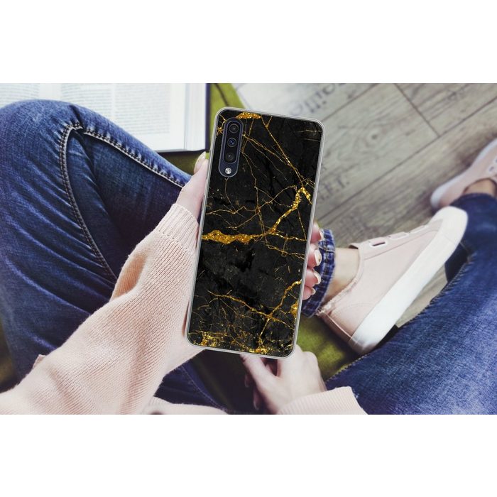 MuchoWow Handyhülle Marmor - Gold - Schwarz - Marmoroptik - Luxus - Glitzer Handyhülle Samsung Galaxy A30s Smartphone-Bumper Print Handy