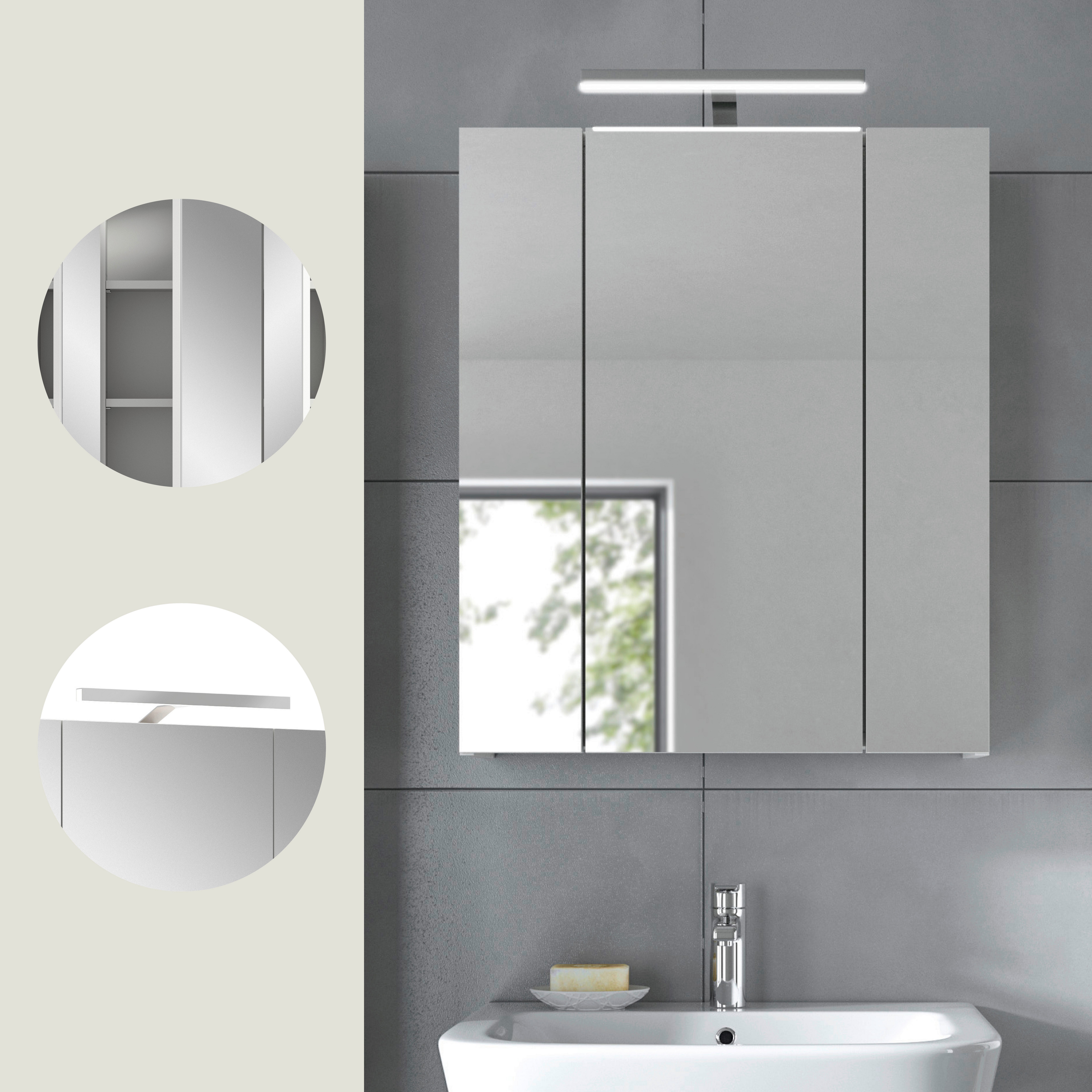 welltime Spiegelschrank FLORENZ, inkl. Beleuchtung, Breite 60 cm, 3 Spiegeltüren (TOPSELLER) in verschiedenen Farben erhältlich, Badmöbel, Badschrank, Schrank, Bad