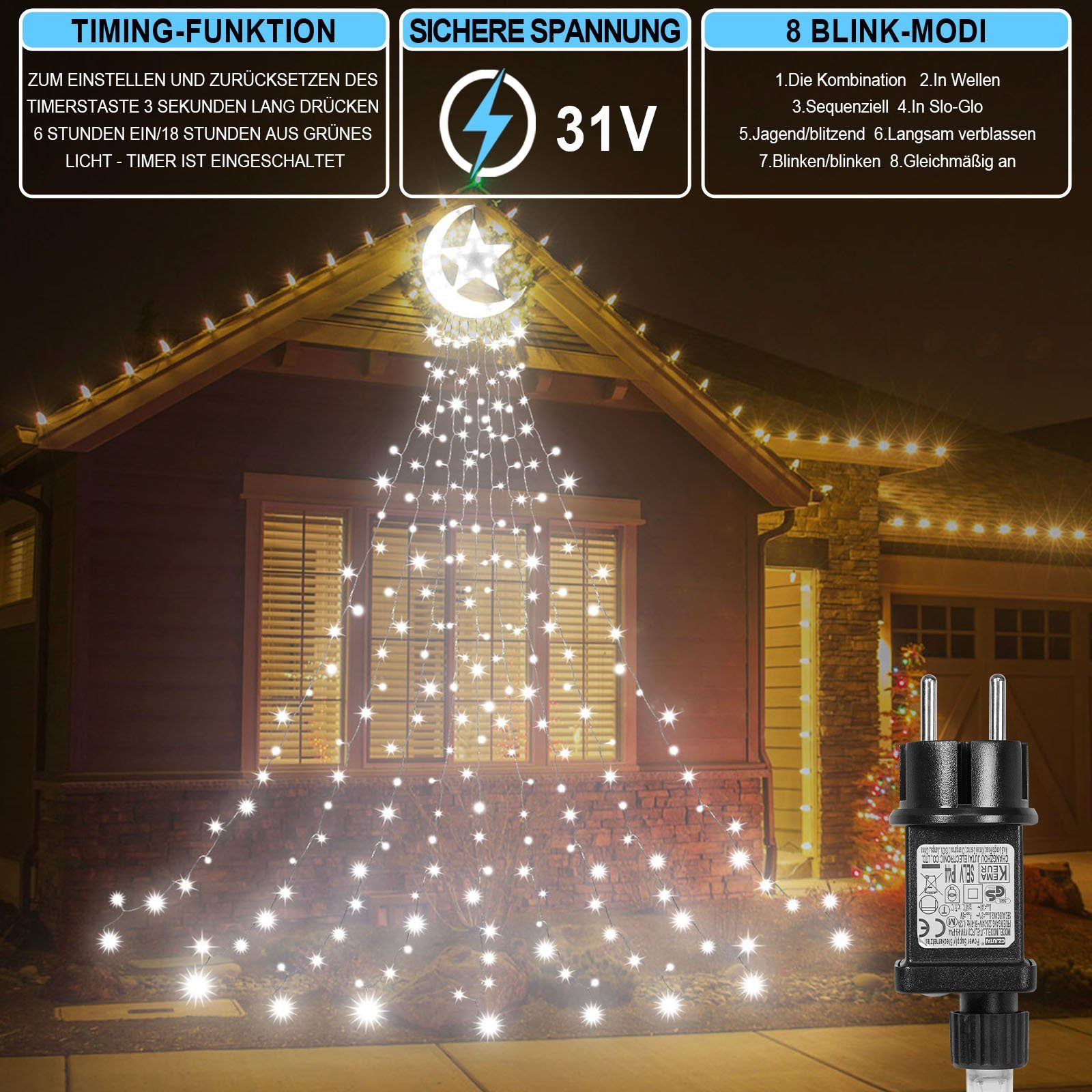 LED-Lichterkette LED Topper Christbaumbeleuchtung,8-Modi,Timer,IP44 Weihnachtsbaum Star,350 Moon 350-flammig, Lichterkette mit LEDs, Weiß Laybasic Wasserdicht