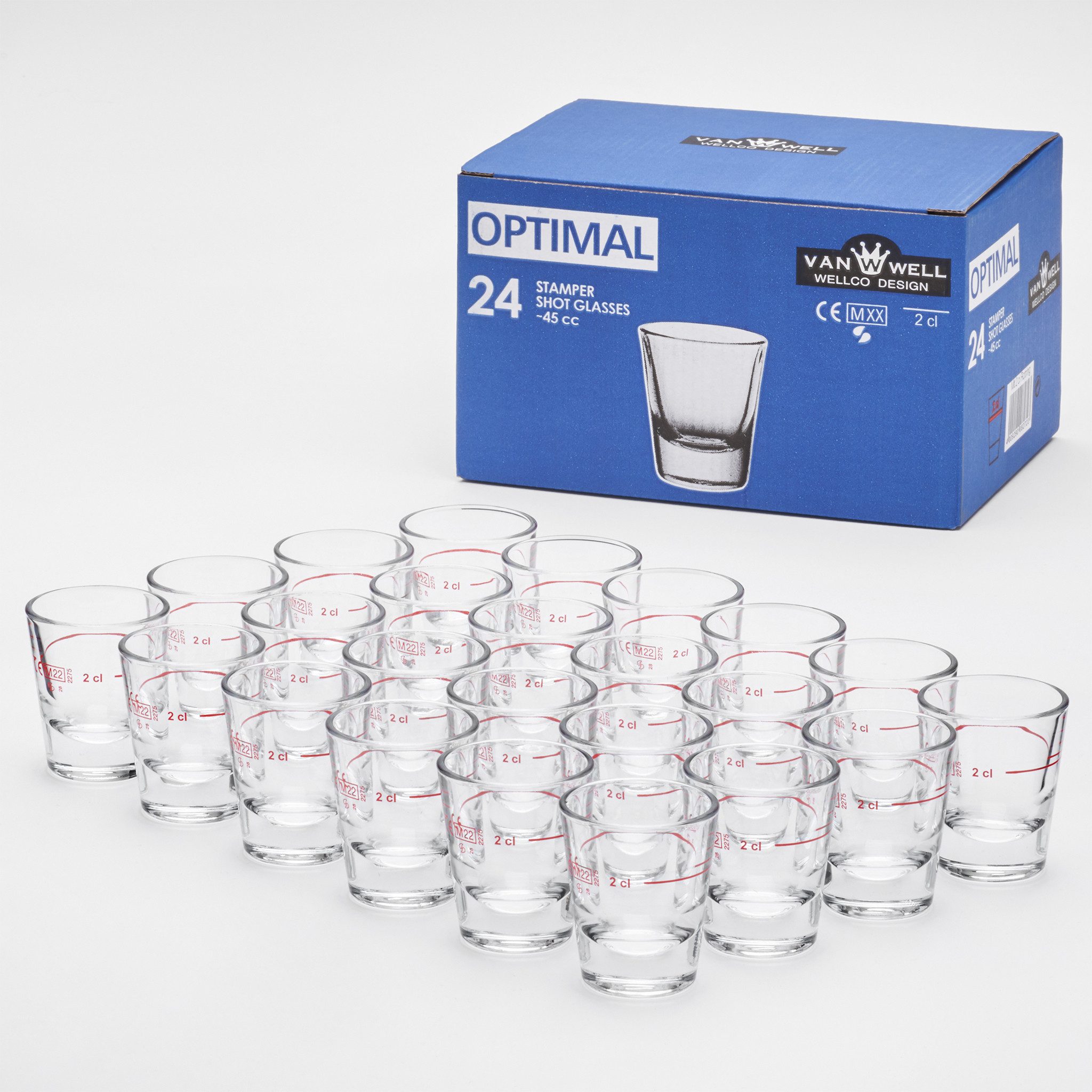 van Well Schnapsglas Stamper Optimal 2cl Rotring geeicht, 24 Stück, 24-tlg., Glas, geeicht, Rotring