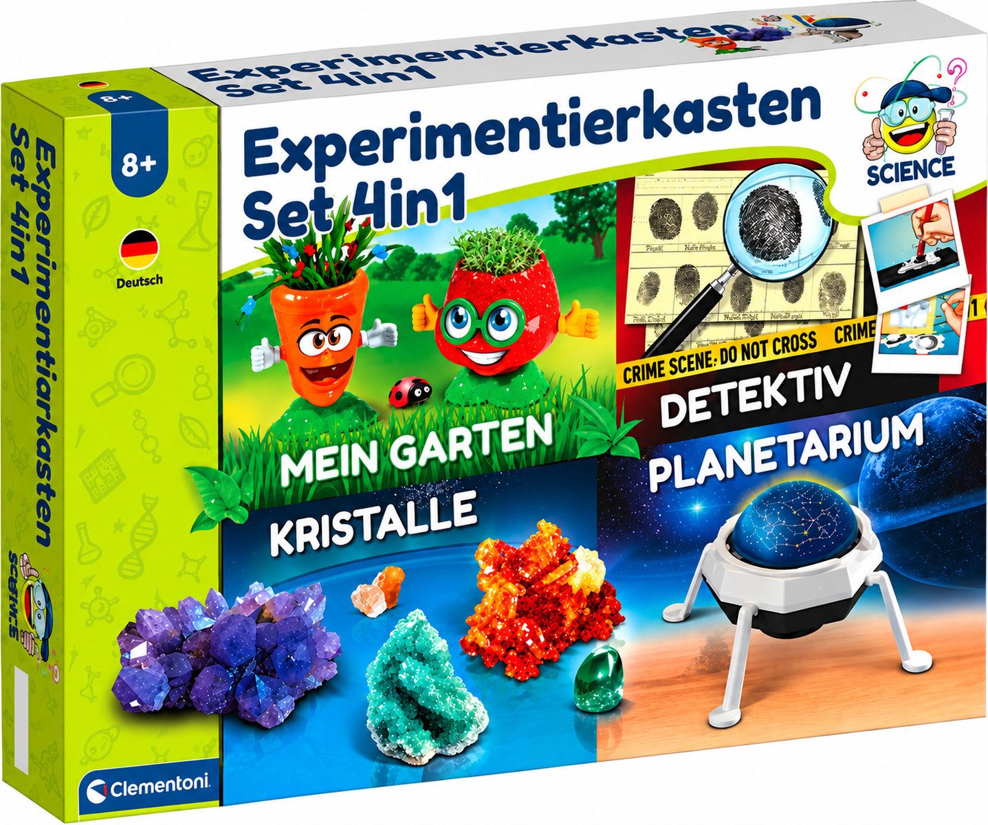 Clementoni® Experimentierkasten Experimentierkasten Set 4in1, Kristallzucht, Botanik, Detektivarbeit und Astronomie