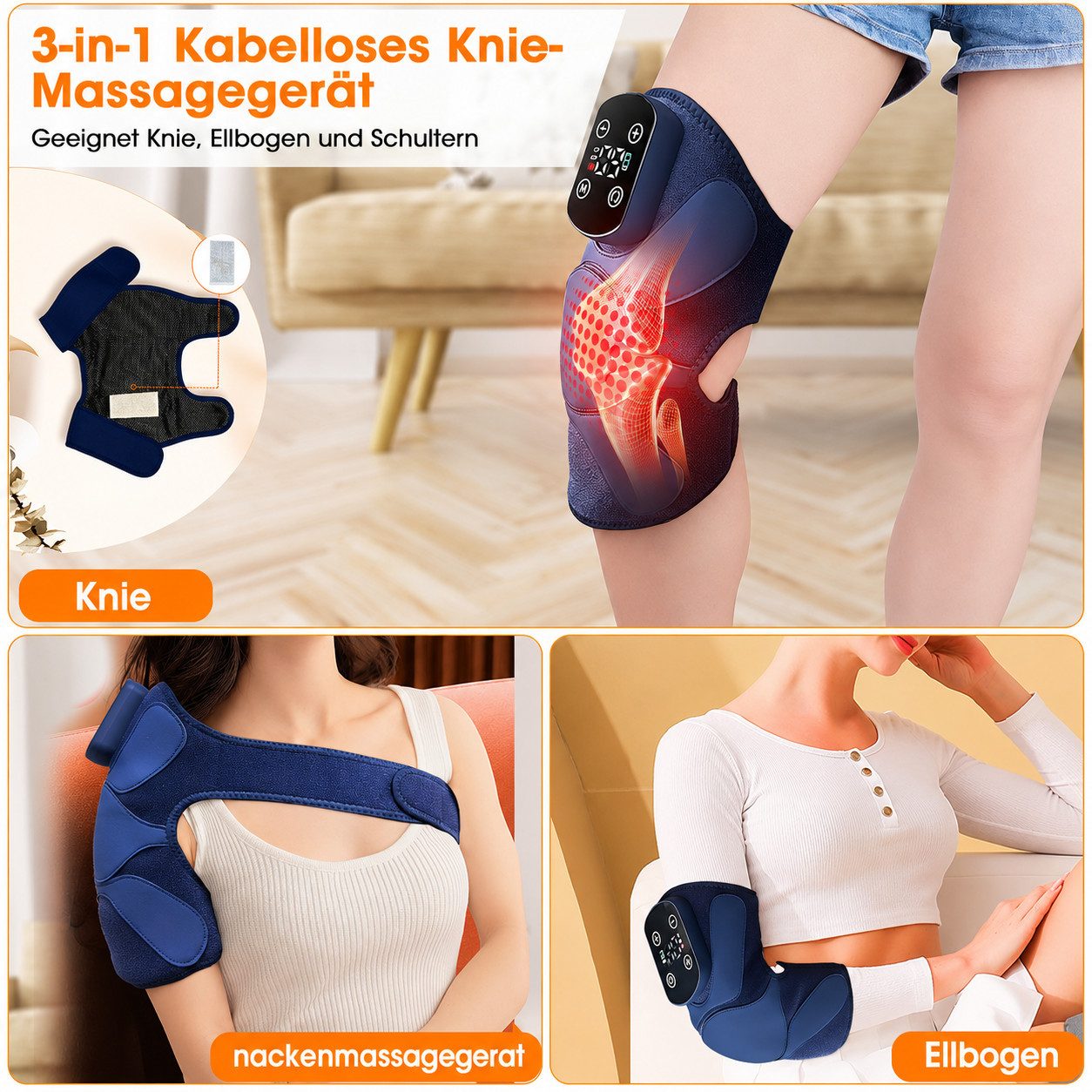 FOSMET Massagegerät 2026 NEW Kniemassagegerät mit Wärme,3-in-1 Modi Nackenmassagegerat, 5 Graphene Heizung Ebenen und 3 Vibration Modi,beheizte Knie Brace, Mit 5000mAh Akku, 3-in-1 Kabelloses Knie-Massagegerät für Knie, Ellbogen und Schultern