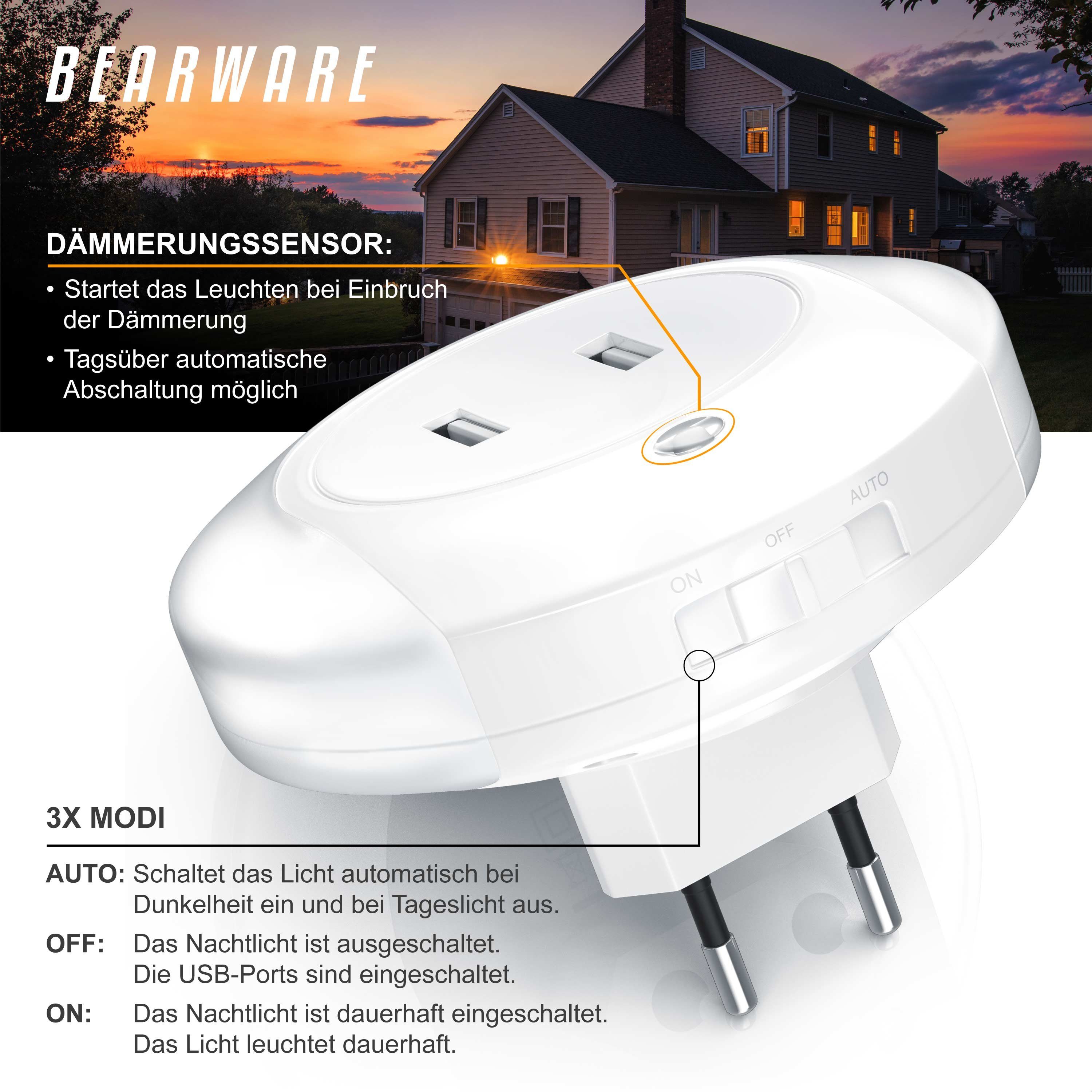 BEARWARE LED Nachtlicht Nachtlampe mit USB Ladefunktion, Helligkeits & Dämmerungssensor, mit LED, Tageslichtsensor, USB-Anschluss, Nachtlichtfunktion, LED fest  – Bild 4 von 5