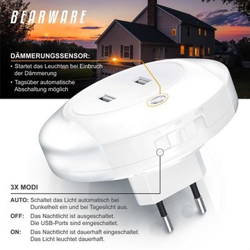 BEARWARE LED Nachtlicht, LED fest integriert, Warmweiß, Nachtlampe mit USB Ladefunktion, Helligkeits & Dämmerungssensor