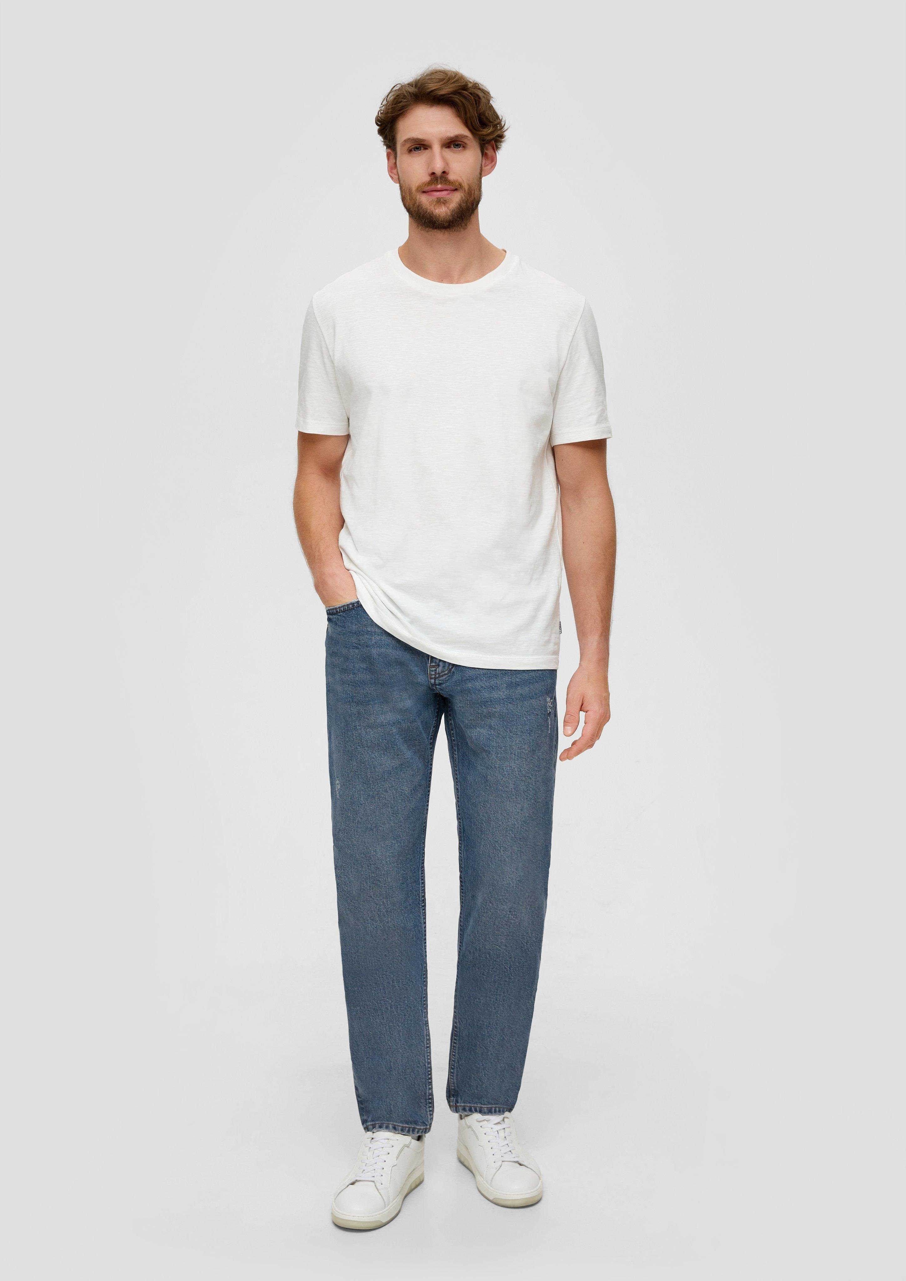 s.Oliver Stoffhose Jeans Mauro / Regular Fit / High Rise / Tapered Leg Destroyes, Waschung, Kontrastnähte, Leder-Patch