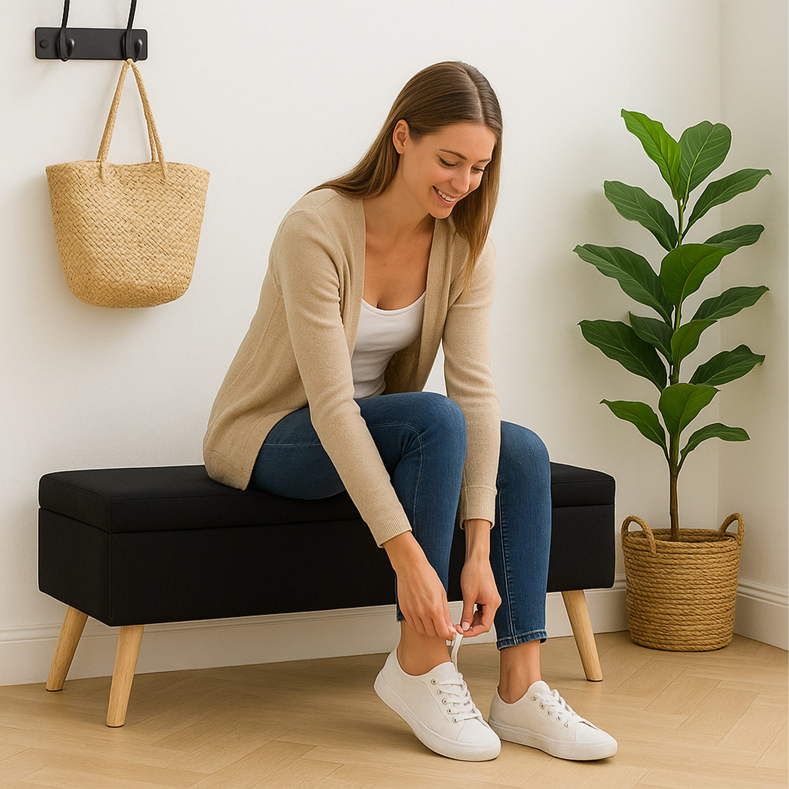 relaxdays Truhenbank Sitzbank mit Stauraum Leinenoptik, schwarz