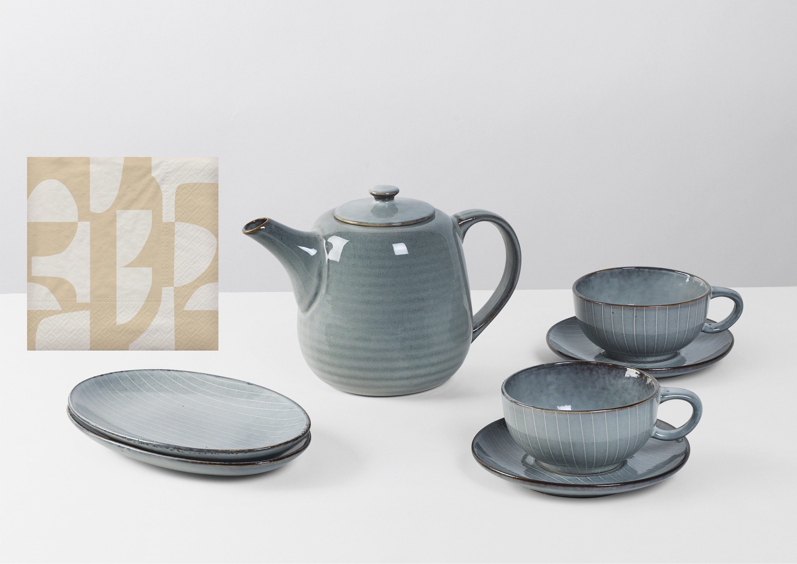 Broste Copenhagen Teeservice Single Geschirr-Set Nordic Sea, inkl. 1 Päckchen Papierserviette (8-tlg), 2 Personen, Keramik, Beliebte Geschirr Sets Exclusiv mit Geschenk
