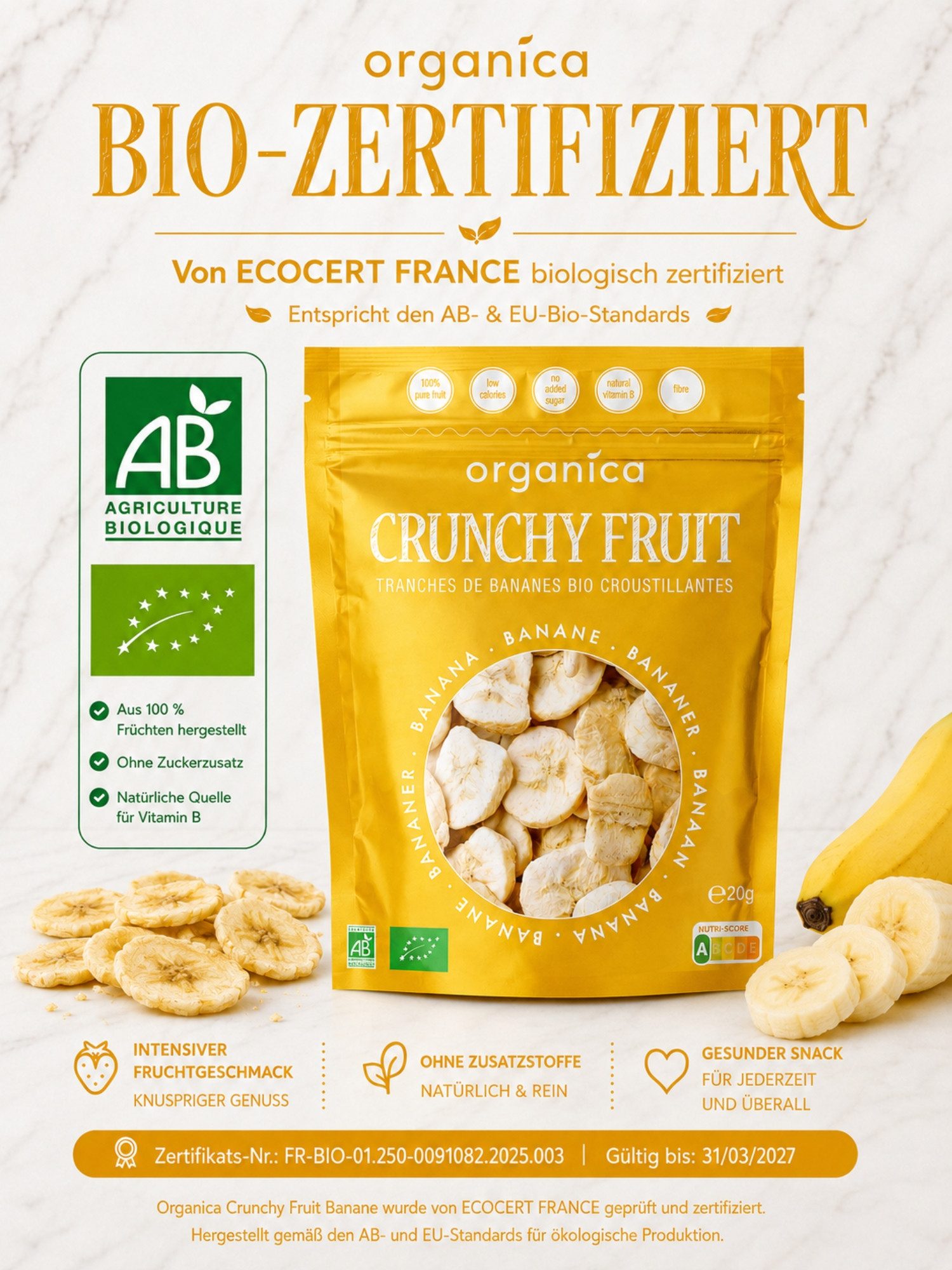 Organica Trockenfrüchte Trockenfrüchte Gefriergetrocknete Bio-Banane, knuspriger Fruchtsnack, 1 x 20 g