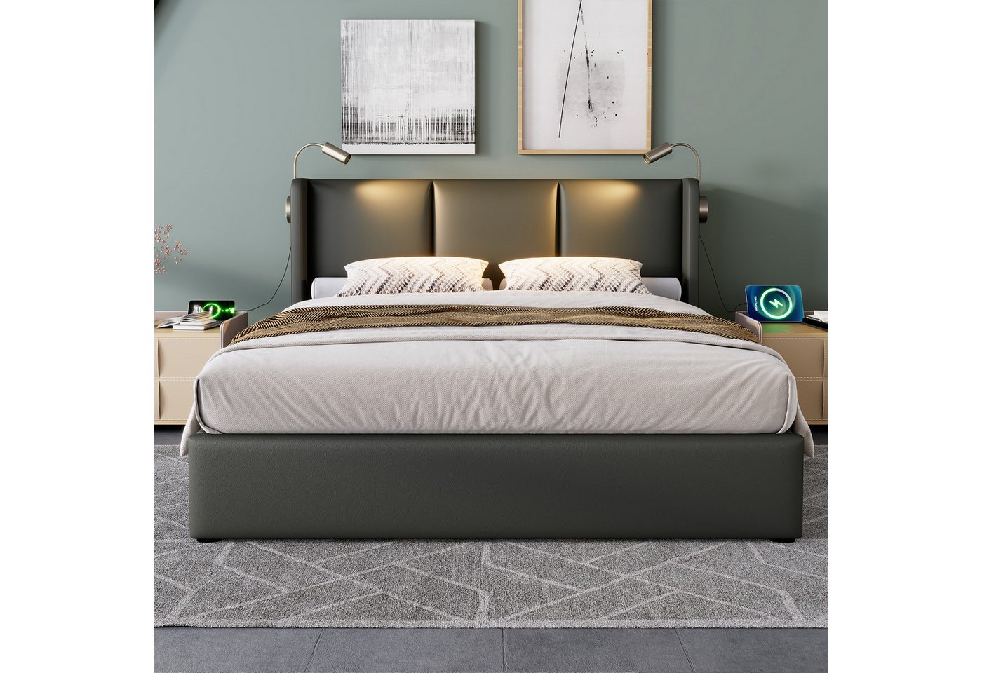 Celya Polsterbett 180x200 cm mit Bettkasten und LED-Licht (ohne Matratze, mit 2 USB-Ladeanschlüssen und Hydraulik-Hubstange), ideal für den täglichen Gebrauch im Schlafzimmer oder Gästezimmer