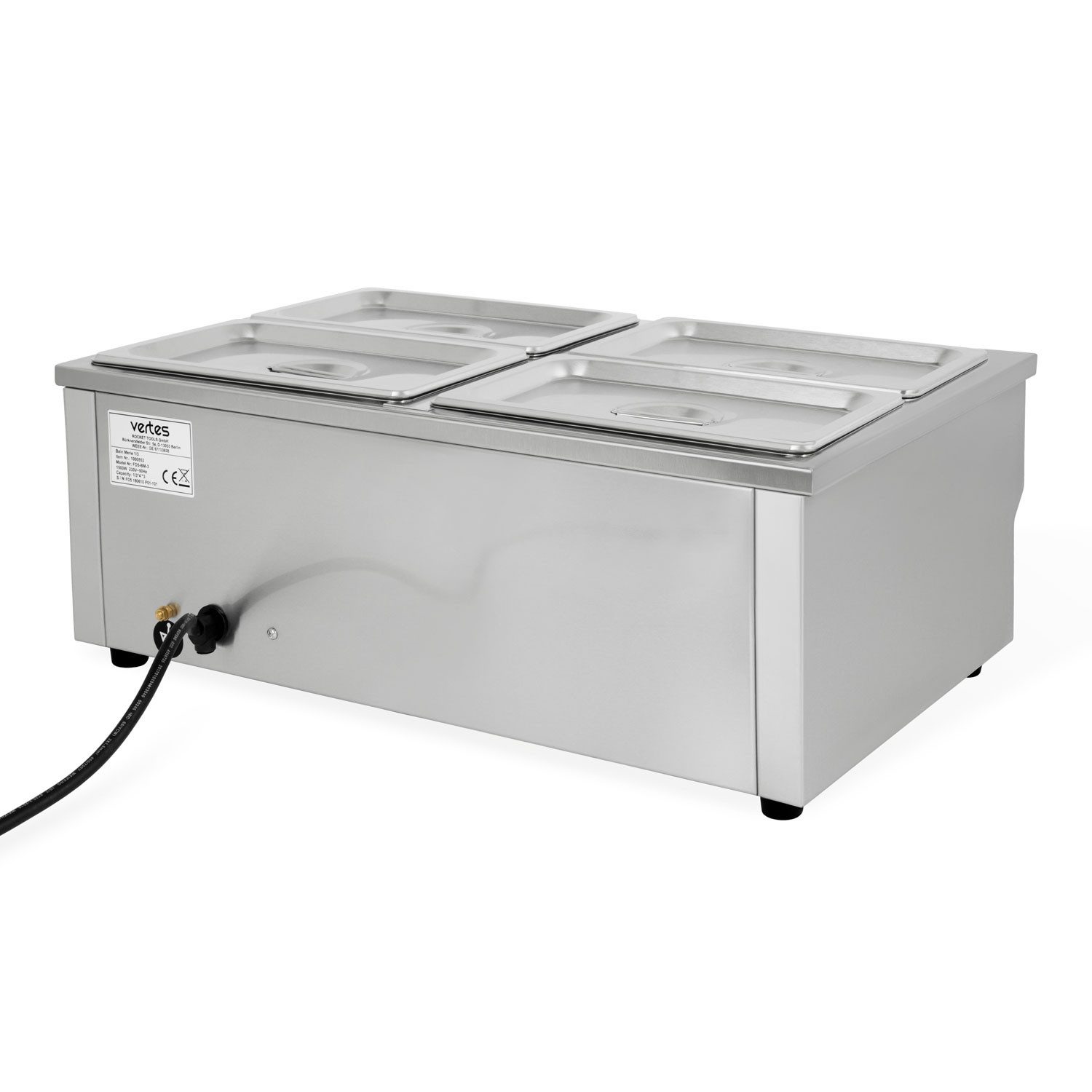 vertes Speisenwärmer Elektrisch 1500W aus Edelstahl, (4X 1/4 GN Behälter mit Deckel für 4X 2,8L), Ablasshahn, Bain Marie Wasserbad, Temperatur 50-200°C