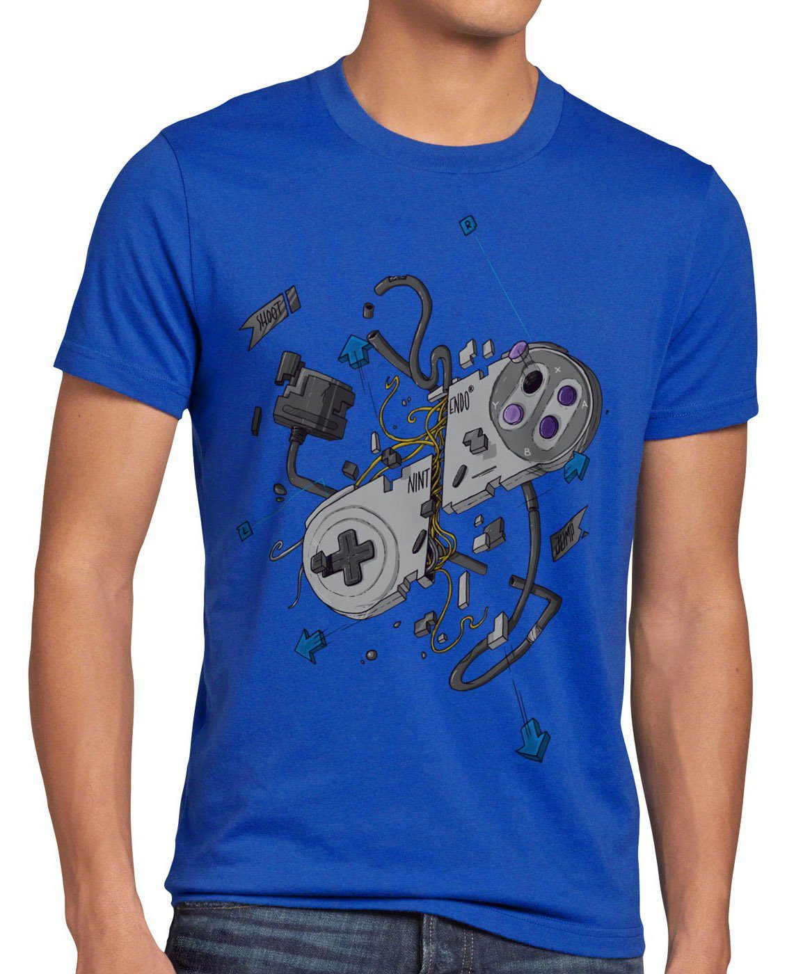 classic 16-Bit T-Shirt kart Gamer mario Print-Shirt Herren style3 nintendo snes nes super blau nes retro