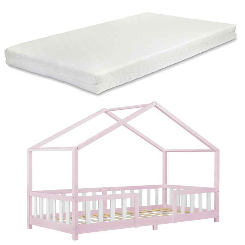 en.casa Kinderbett (Bett und Matratzen), »Treviolo« Hausbett mit Matratze Rosa / Weiß 90x200 cm