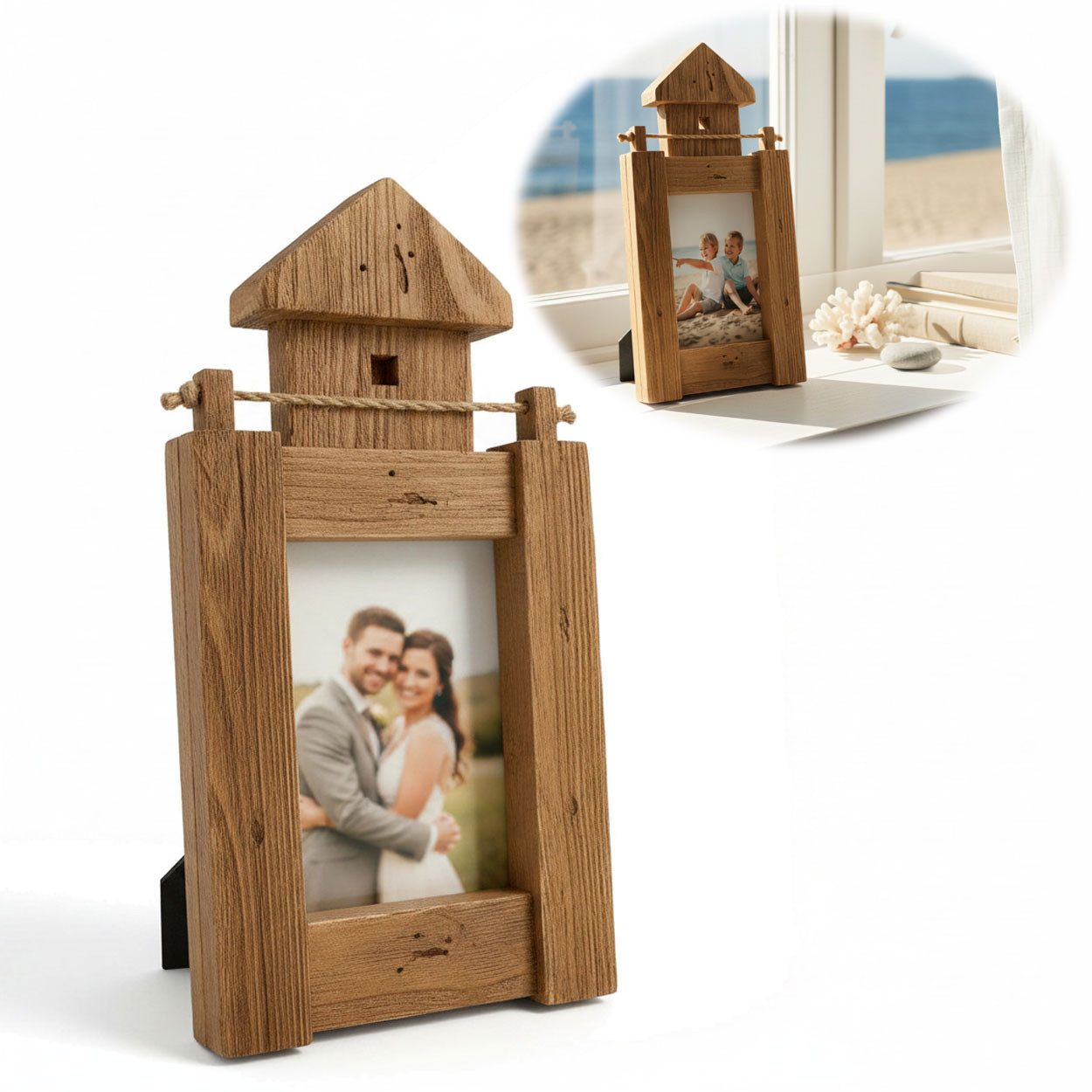 LS-LebenStil Bilderrahmen Maritim Holz 30cm Fotorahmen Leuchtturm 10x15cm Braun Aufsteller, für 1 Bilder (1 St), Fotorahmen Aufsteller, Portrait Quadratisch 9x9cm, Ideal für Hochzeitsfotos Babybilder Kinderfotos Tauffotos Portraits