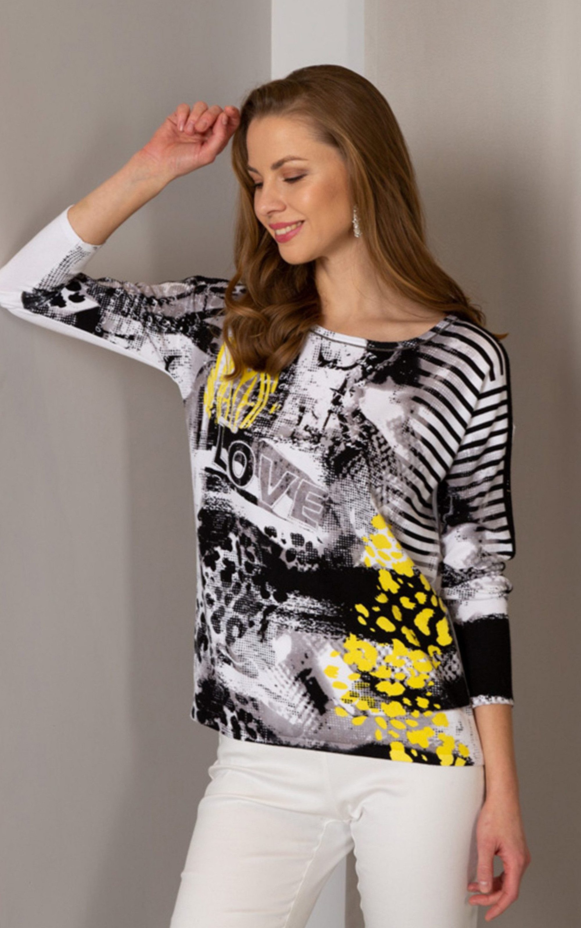 Passioni Strickpullover mit abstraktem Print Design Schulterbesatz aus schw günstig online kaufen