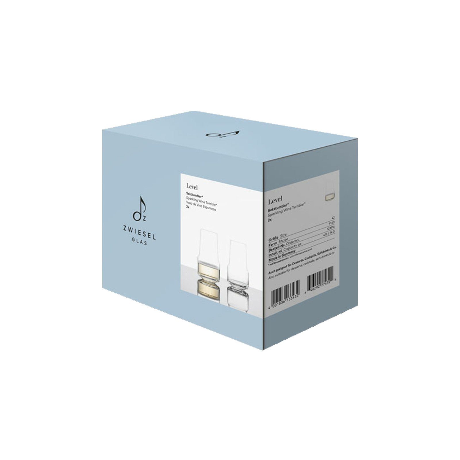 Zwiesel Glas Sektglas Level Sekt Tumbler 412 ml 2er Set, 2-tlg., Glas