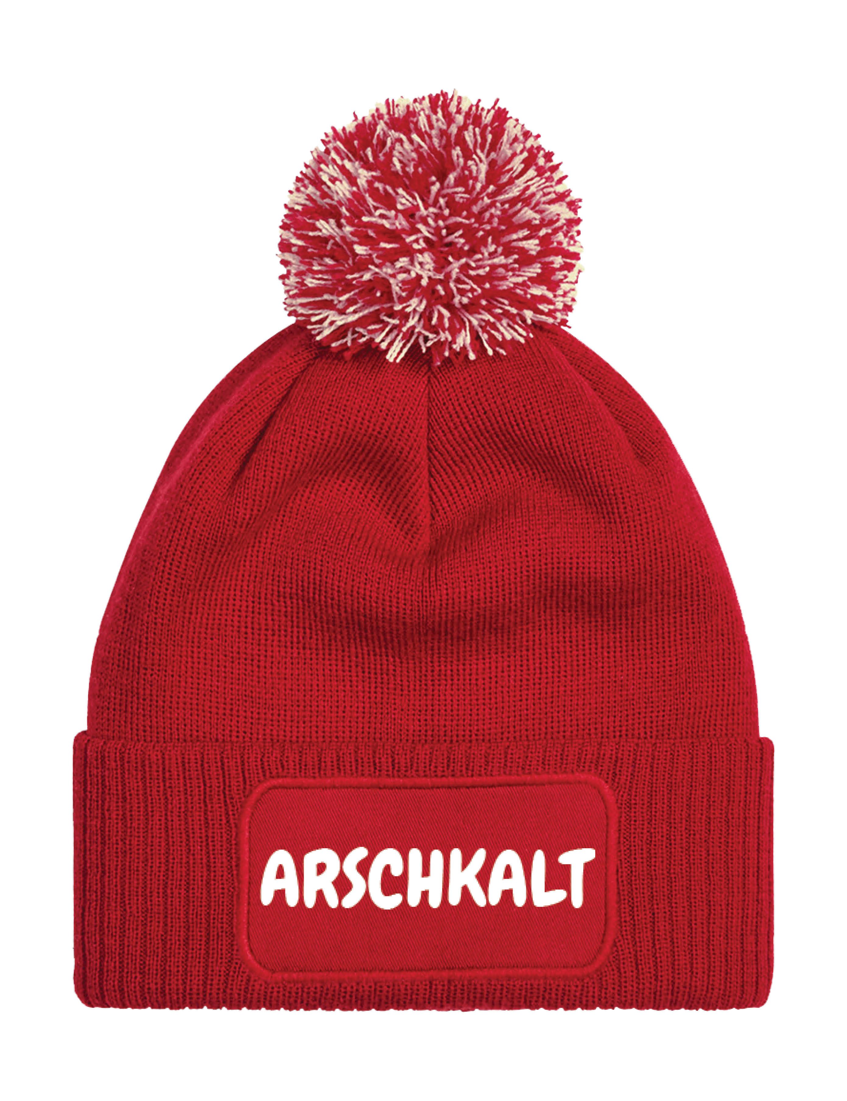 Youth Designz Beanie Unisex Strick Bommel Beanie Mütze mit Arschkalt Aufdruck Geschenk mit lustigem Spruch für Herren und Damen