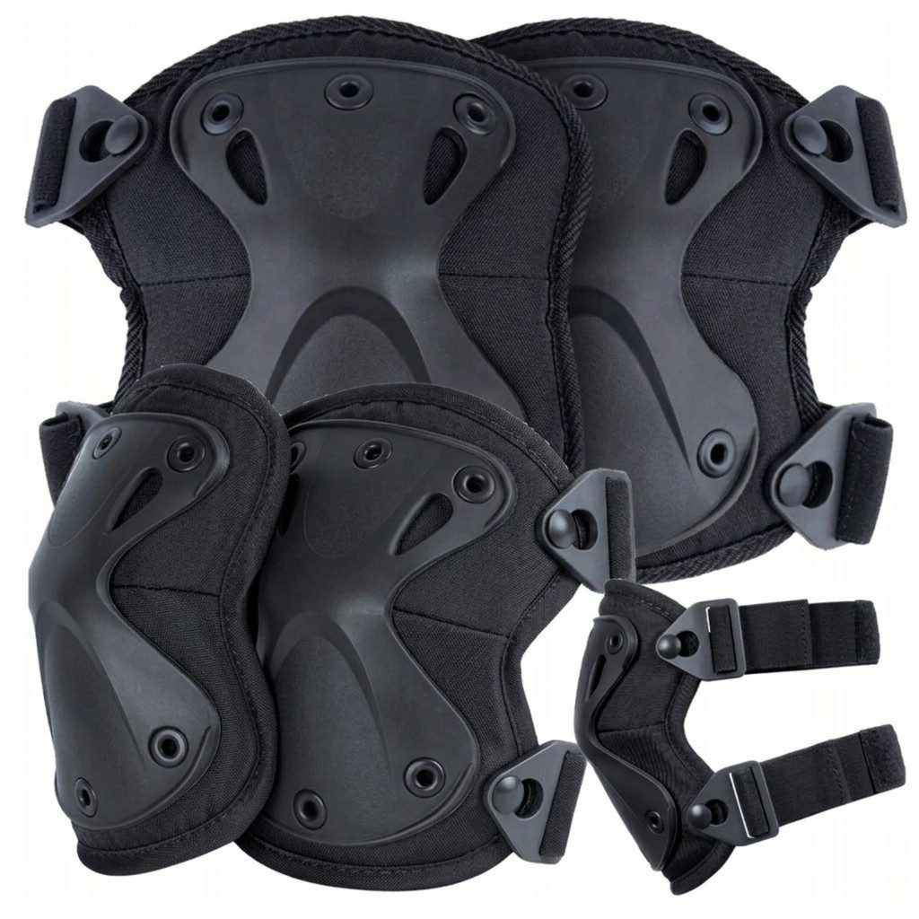 Foxter Protektoren-Set Taktische Knie- & Ellbogenschoner Set Schutzpolster Outdoor (Schutzset Knie und Ellbogen universal Outdoor, Knie- und Ellbogenschoner Set für Outdoor und Training), Stoßdämpfend, ergonomisch, robust, verstellbar, Schnellverschluss