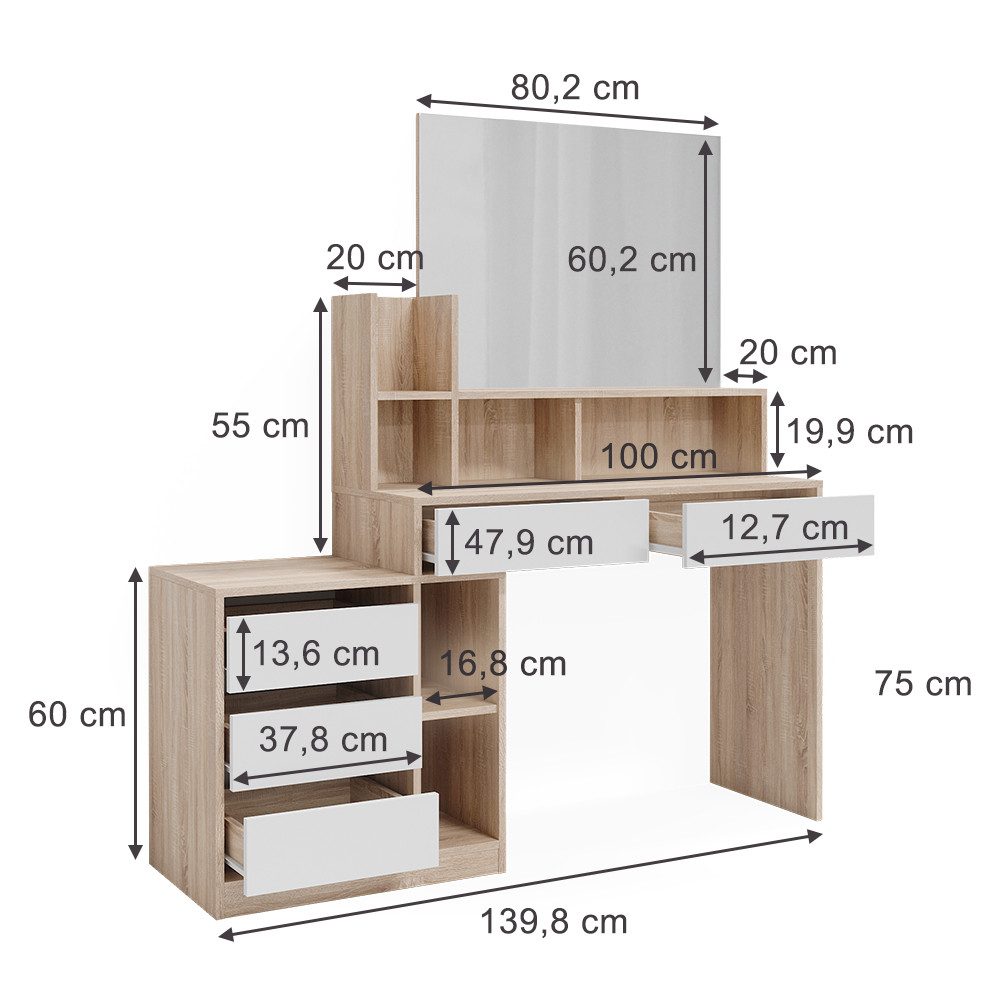 Vicco Schreibtisch Anja, Weiß/Sonoma, 139.8 x 40 cm mit Schubladen (1-St)