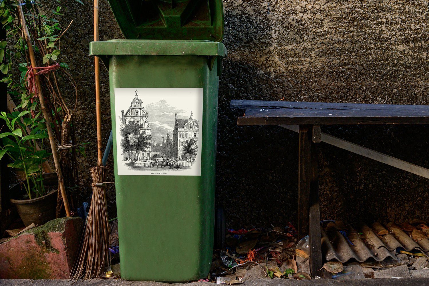 MuchoWow Wandsticker Eine Schwarz-Weiß-Illustration Mülleimer-aufkleber, Amsterdamer Container, St), Mülltonne, Sticker, (1 Gracht einer Abfalbehälter
