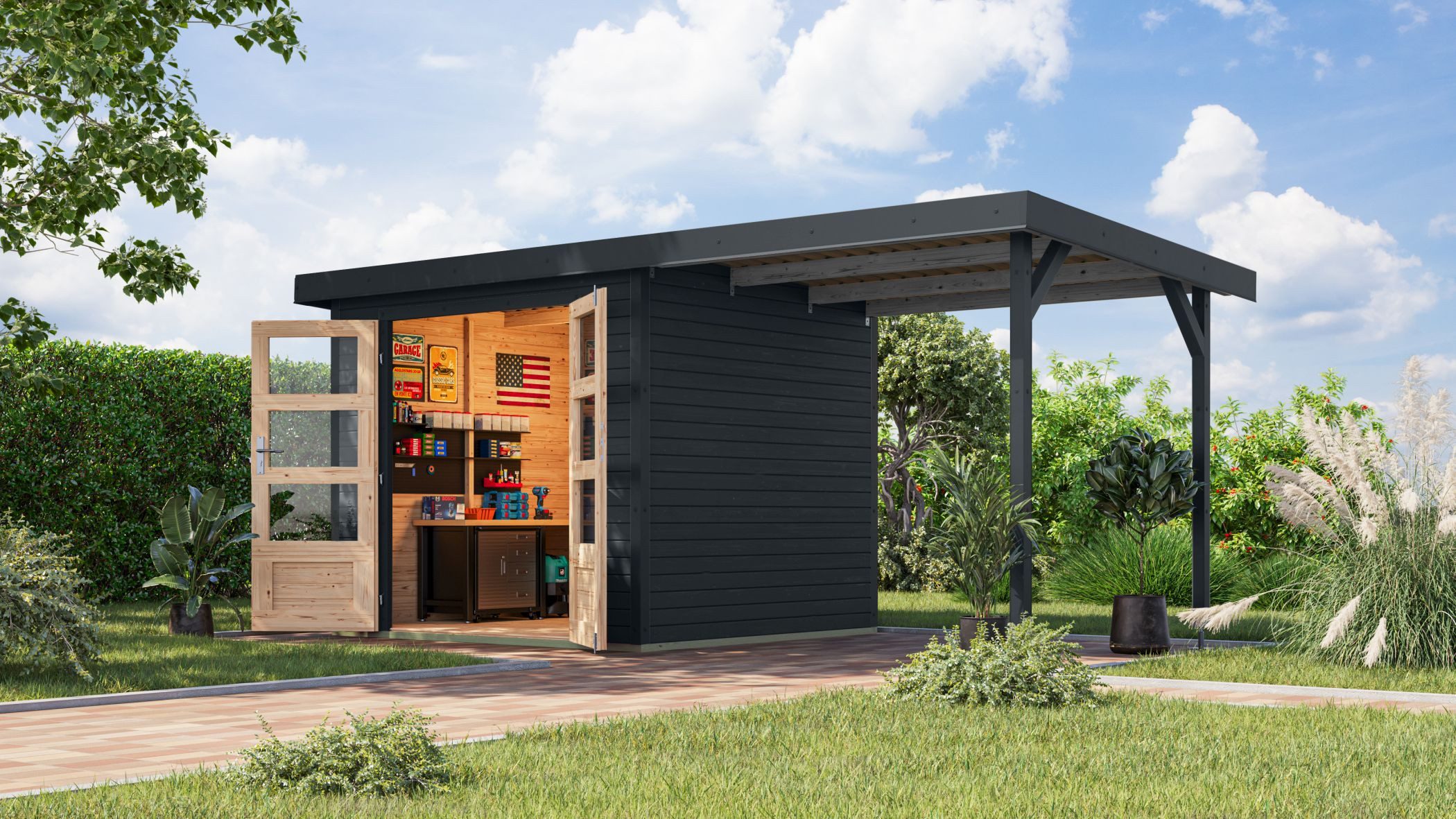 Karibu Gartenhaus Gartenhaus Hollywood in versch. Größen und Farben, opt. mit Anbaudach, BxT: 455x214 cm, (1 Stück, Gartenhaus Hollywood XL mit Anbaudach, anthrazit), Größe XL mit Anbaudach, anthrazit