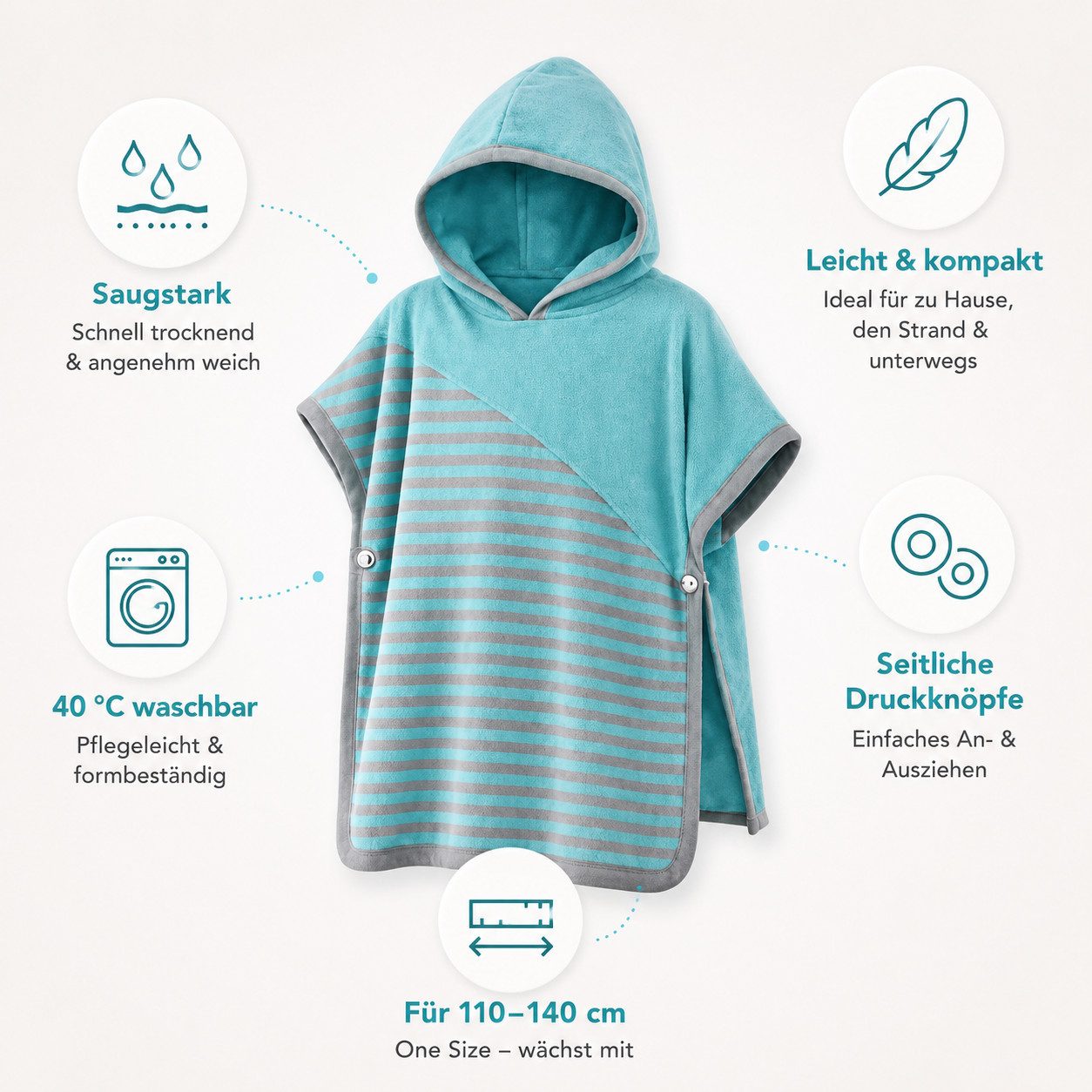 Vossen Badeponcho Schwimmponcho „De Luxe“, Blau und Grau, Onesize, Kapuze, Knöpfe, mit Kapuze, saugstark, weich, pflegeleicht, mit Druckknöpfen