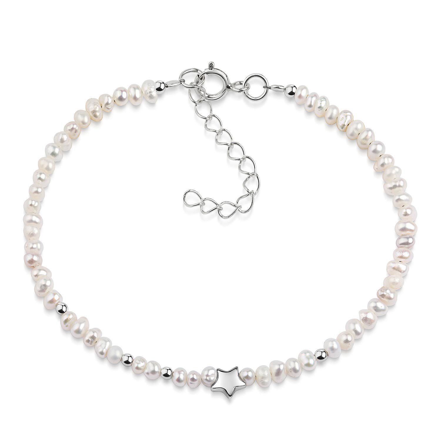 Materia Perlenarmband Damen Mädchen Stern Süßwasser Perlen Creme SA-156, 925 Sterling Silber, größenverstellbar