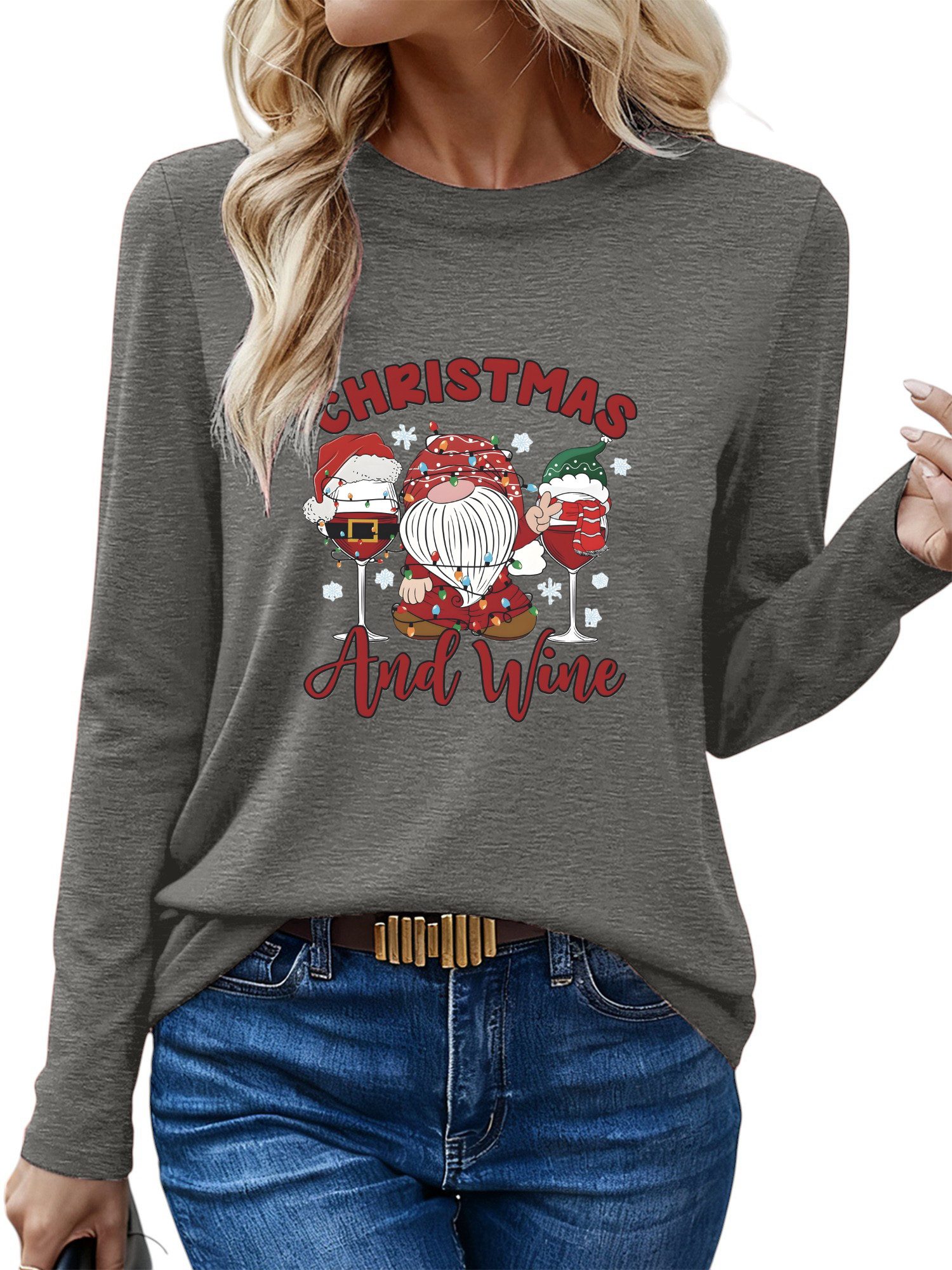 PYLIKE Print-Shirt Festlich Shirt Damen Langarm Herbst Basic-Shirt mit Weih günstig online kaufen