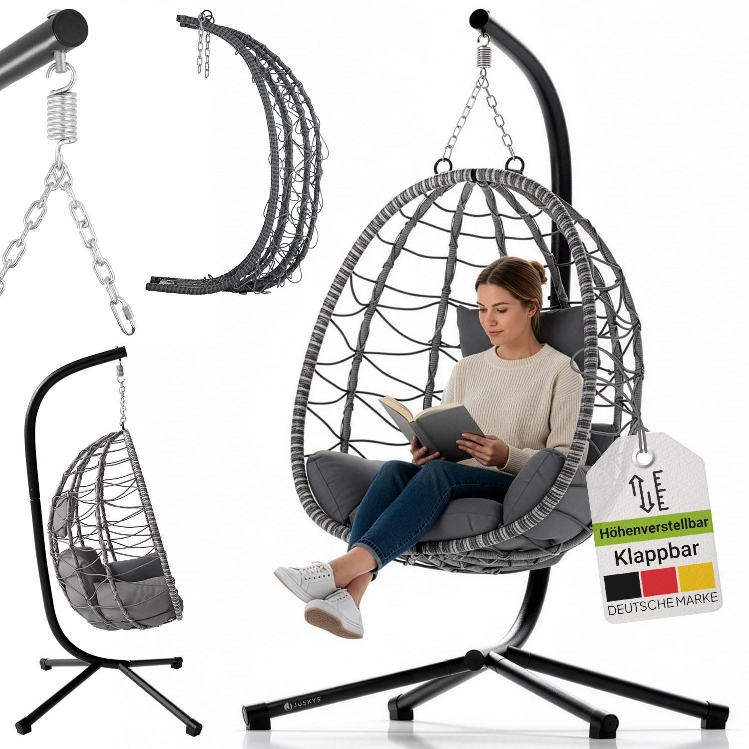 Juskys Hängesessel Aria, im Boho Stil, große Sitzfläche, mit Gestell, höhenverstellbar