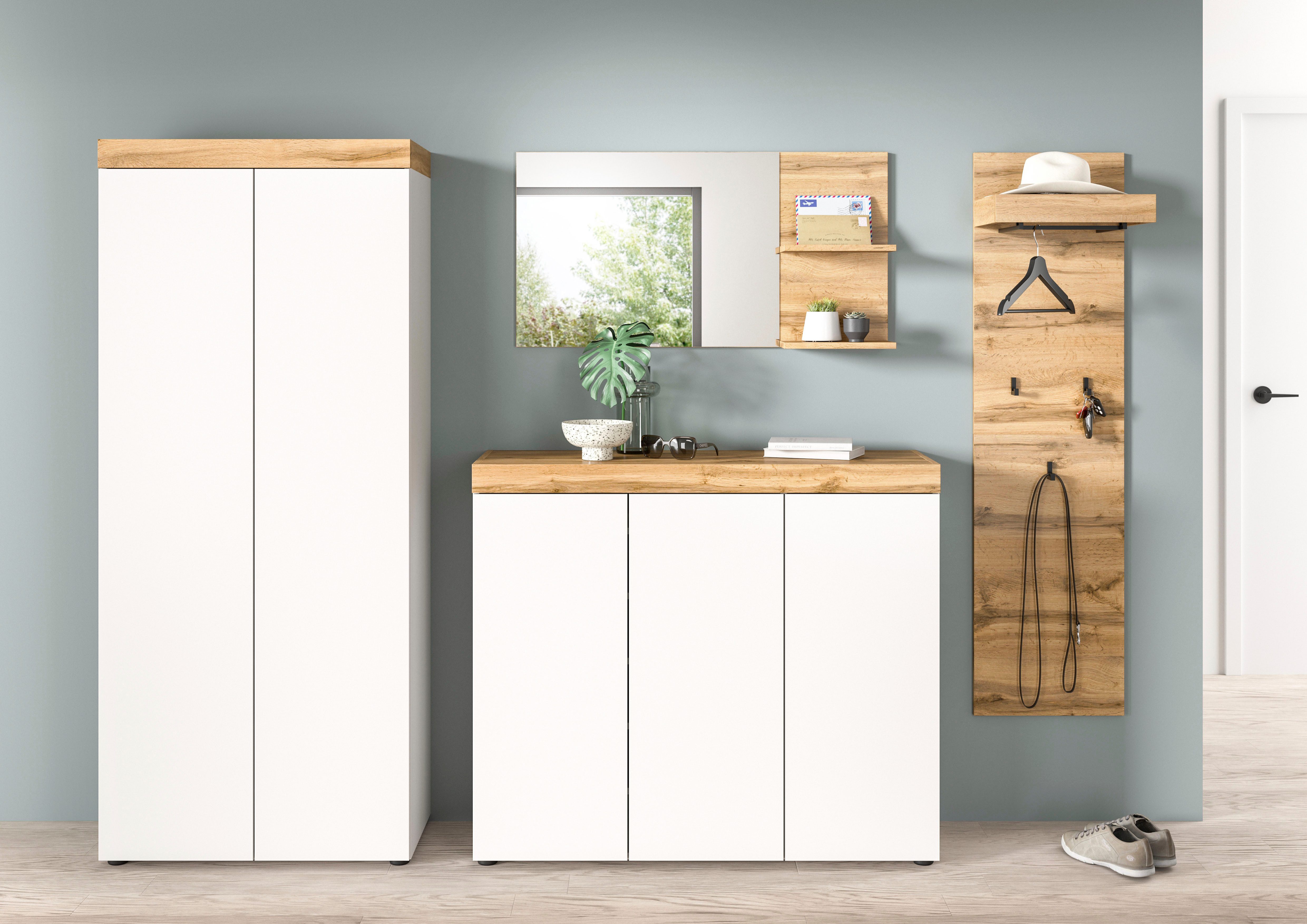 OTTO home Garderoben-Set MAMBO, TOPSELLER!, 4-teilige Kombination, stehend & hängend montierbar, (4-St., bestehend aus: Garderobenschrank, Kommode, Spiegel, Garderobenpaneel), Garderoben-Kombi, Garderobe, Flur, Diele