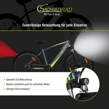 SachsenRAD E-Bike E-Racing Mountain Bike R8 Flex III, 9 Gang Shimano Altus RD-M310 Schaltwerk, Kettenschaltung, Hinterradmotor, 520 Wh Batterie, herausnehmbarer und abschließbarer Akku, hydaulische Scheibenbremsen