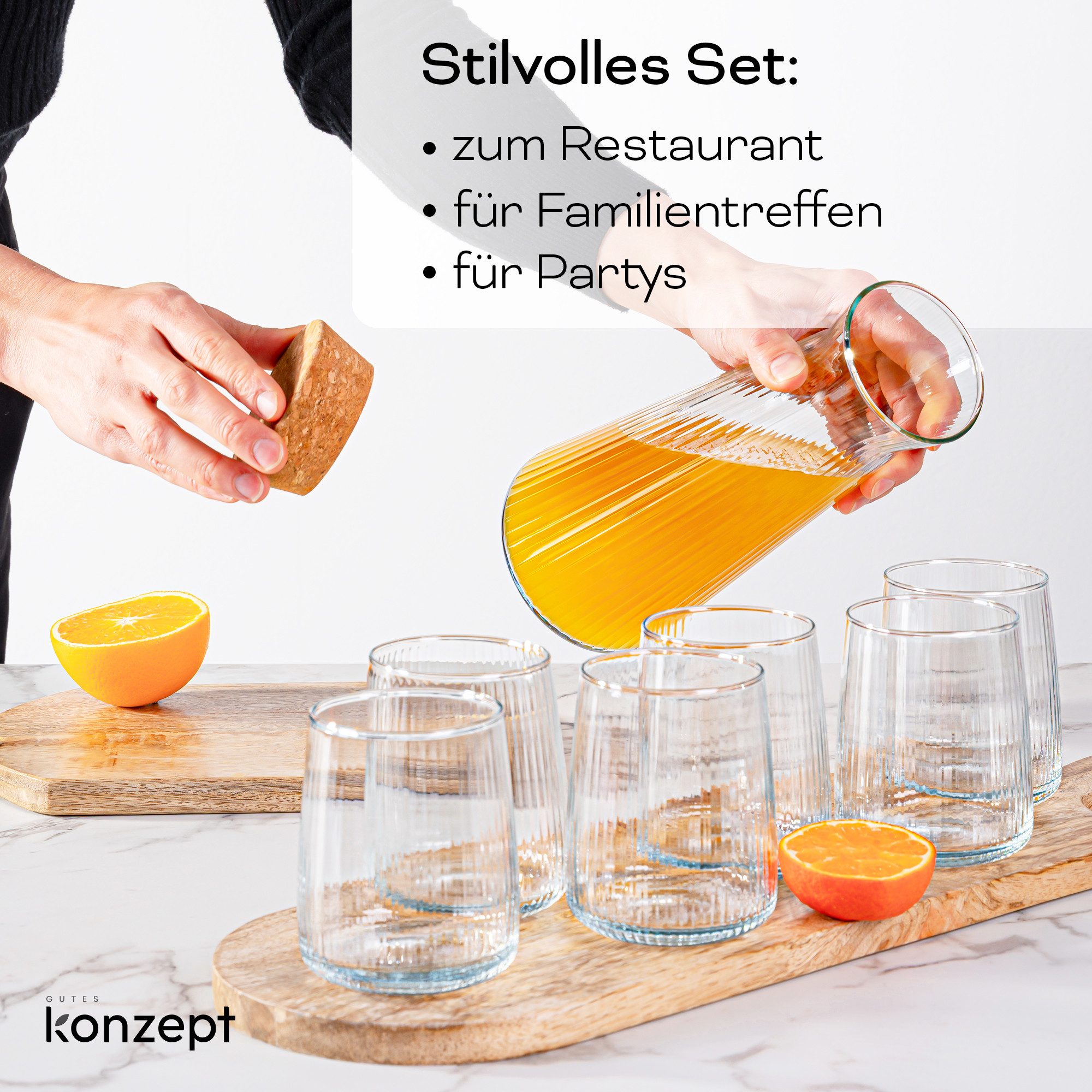 KONZEPT Wasserkaraffe 1 Liter, robustes geriffeltes Glas, BPA-frei, mit Korkverschluss, zum Servieren von Wasser, Wein, Säften sowie als Vase