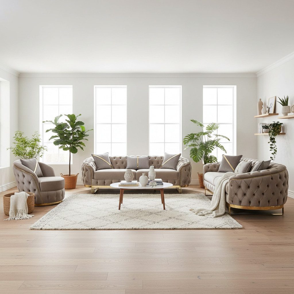 Palms-Store Sofa -Set MIRA mit Knopfheftung in 5 edlen Farbvarianten, 3-Sitzer + 3-Sitzer + Sessel
