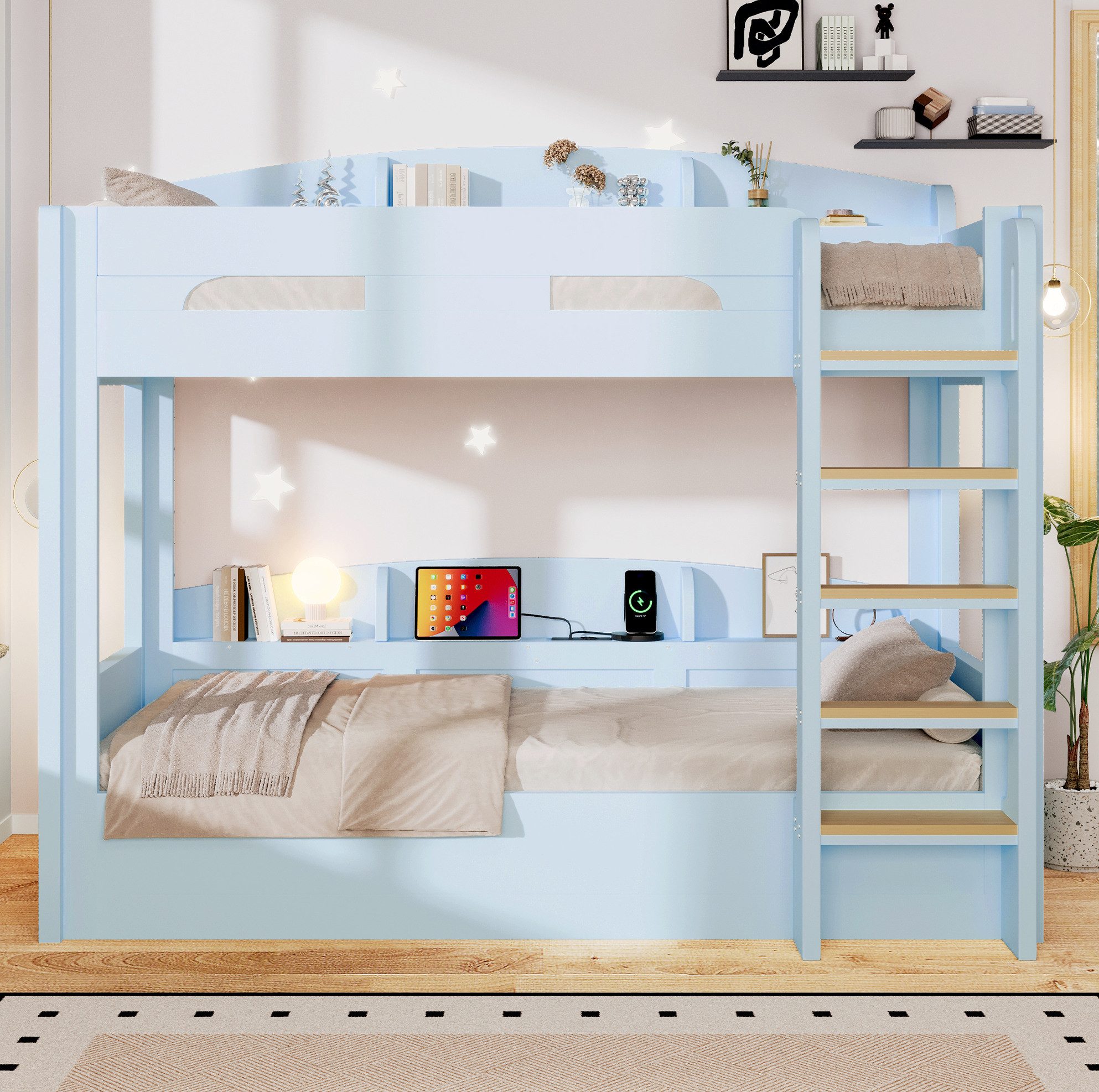 MODFU Hochbett Jugendbett mit integriertem Unterbett und Ablageflächen (Packung, 3-St., Bett mit USB Steckdose und modernen Details, mit 2 Matratzen) Multifunktionsbett 90x200 cm Hellblau mit Stauraumbereich