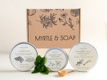 Myrtle & Soap Pflege-Geschenkbox Naturkosmetik-Set FOR HER, Körperpeeling, Gesichtspeeling & Lotion Bar Set, 3-tlg., Handgemacht & Natürlich