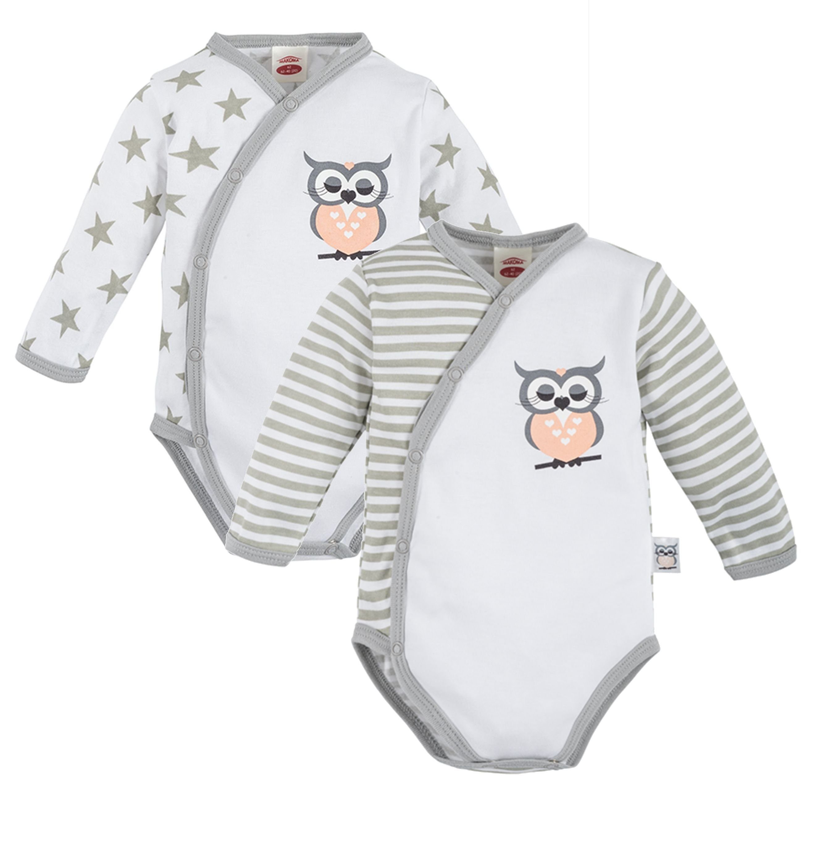 Neugeborene (Spar-Set, für 2er-Pack) Mädchen Eule 100% Langarm Makoma 2-tlg., Baumwolle Baby Wickelbody Langarmwickelbody Body