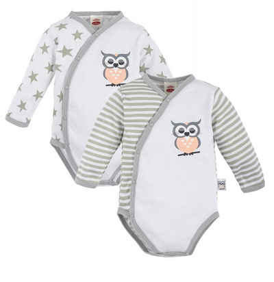 Makoma Langarmwickelbody Baby Langarm Body Wickelbody für Neugeborene Mädchen Eule (Spar-Set, 2-tlg., 2er-Pack) 100% Baumwolle