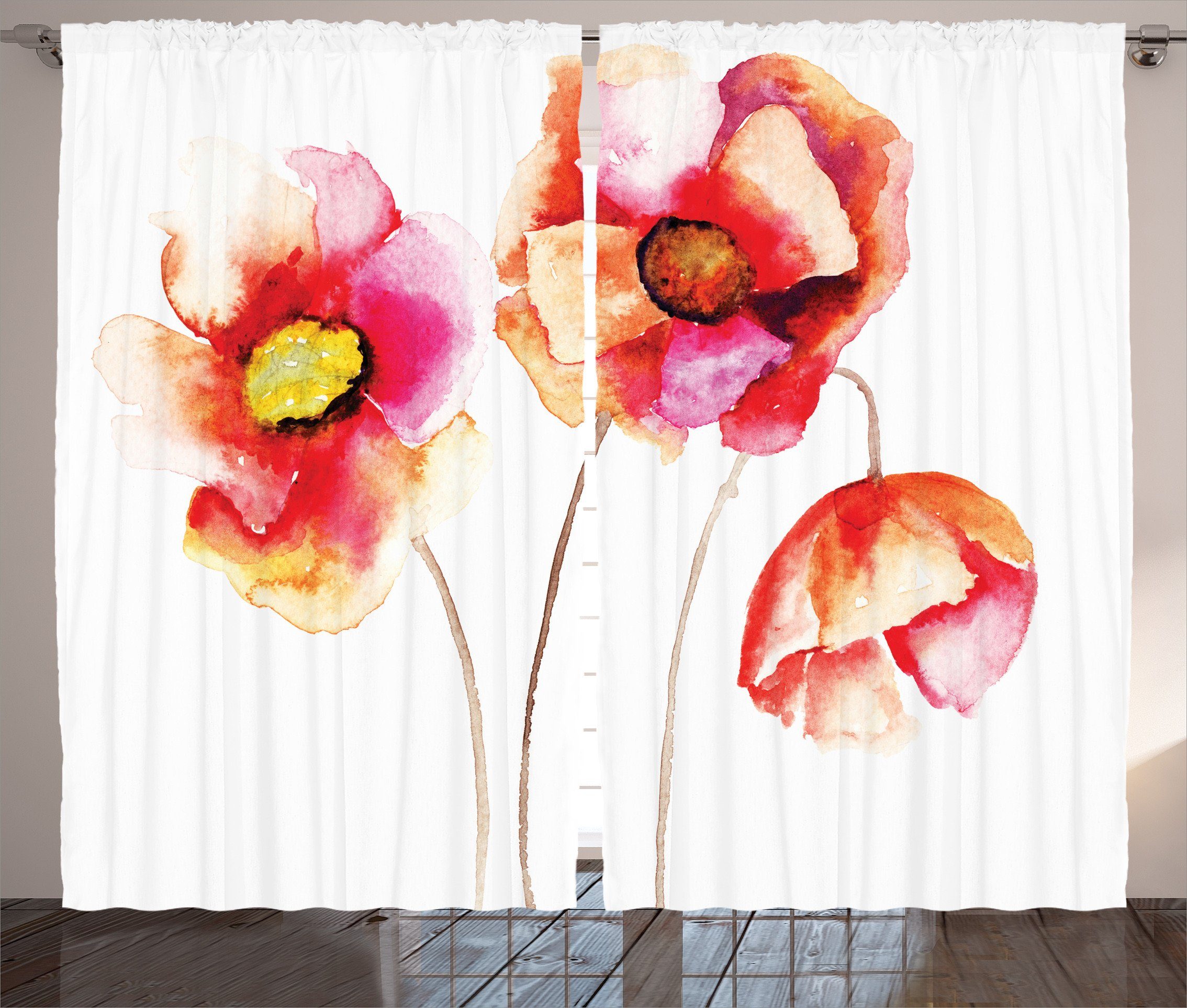 Gardine Schlafzimmer Kräuselband Vorhang mit Schlaufen und Haken, Abakuhaus, Blume blühender Mohn