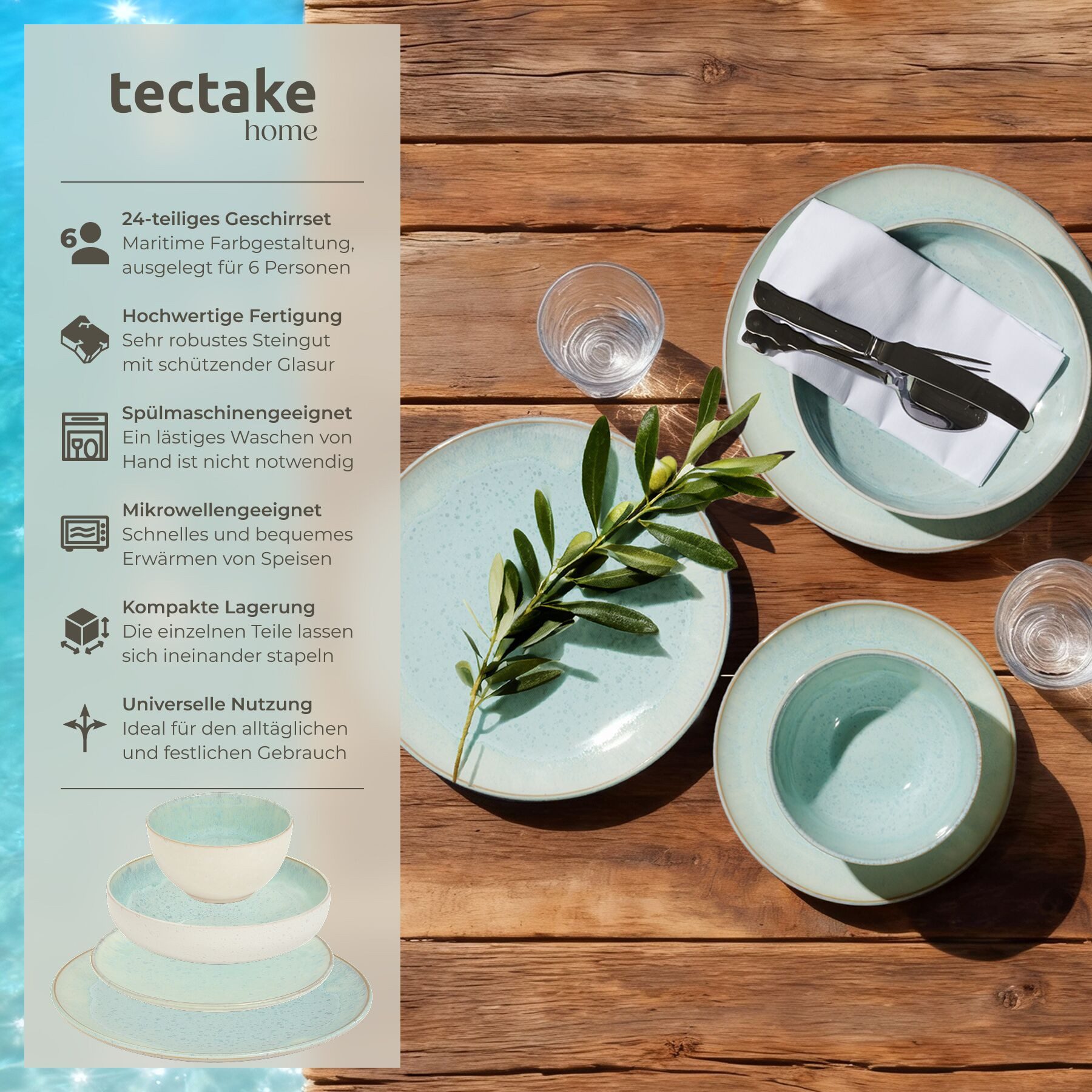 tectake Geschirr-Set Tafelservice aus Steingut für 6 Personen, ineinander stapelbar (24-tlg), 6 Personen, Steingut, handgefertigt, mit Glasur, spülmaschinen- un – Bild 2 von 5