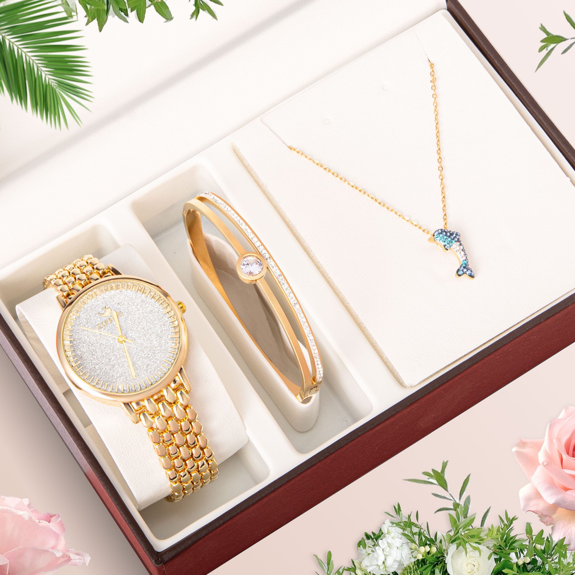 Quarzuhr Elegantes Damen Schmuckset mit Damenarmbanduhr,Edelstahl-Armband