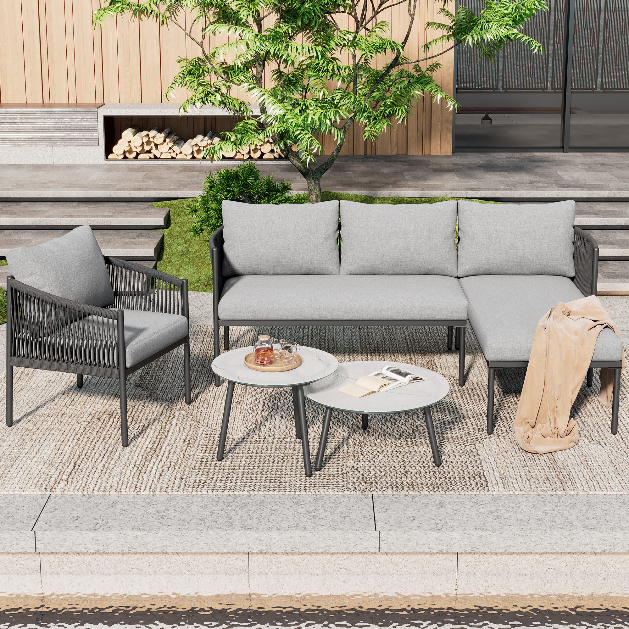 Flieks Gartenlounge-Set, 5-Sitzer Seil Gartenmöbel Ecksofa günstig online kaufen