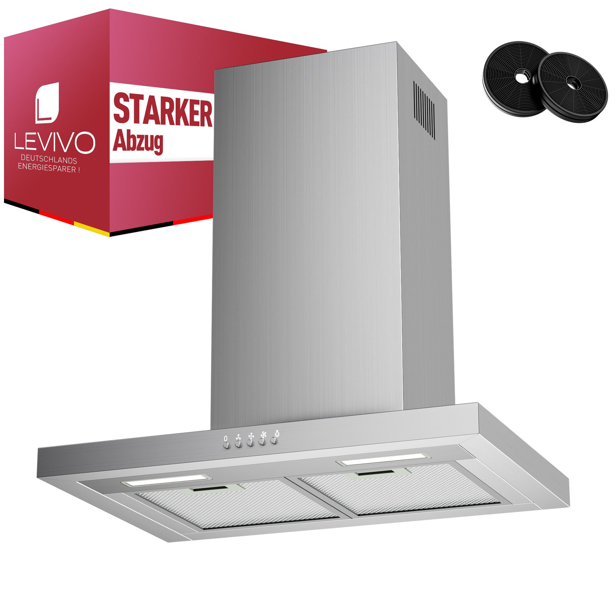 Levivo Wandhaube A++ Dunstabzugshaube 60cm Umluft & Abluft mit 380 m³/h Aktivkohlefiltern, Fettfiltern, LED-Beleuchtung