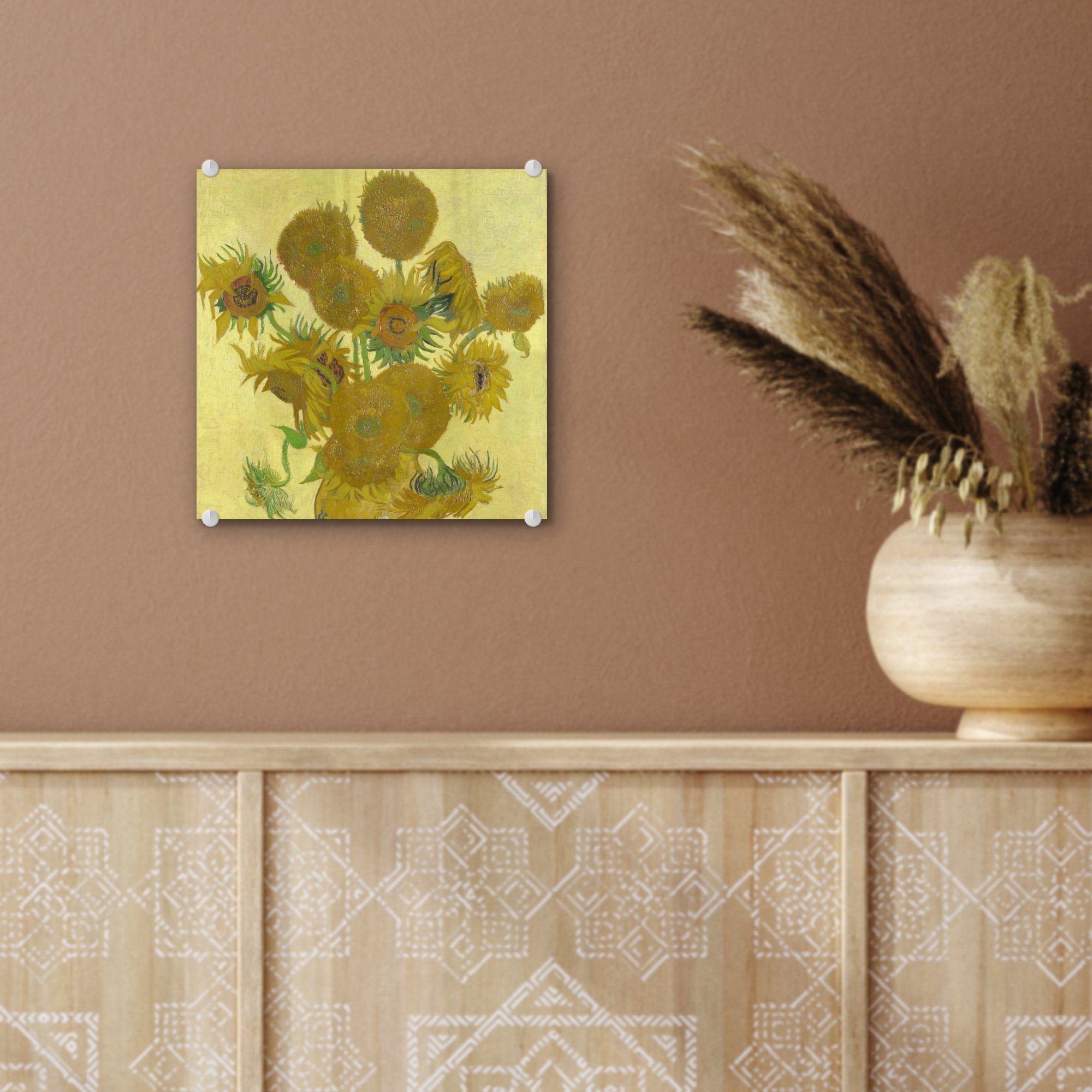 - Foto Vincent Glas auf von Acrylglasbild Sonnenblumen Gemälde Bilder - - Gogh, - MuchoWow Glas Glasbilder auf van Wanddekoration St), (1 Wandbild