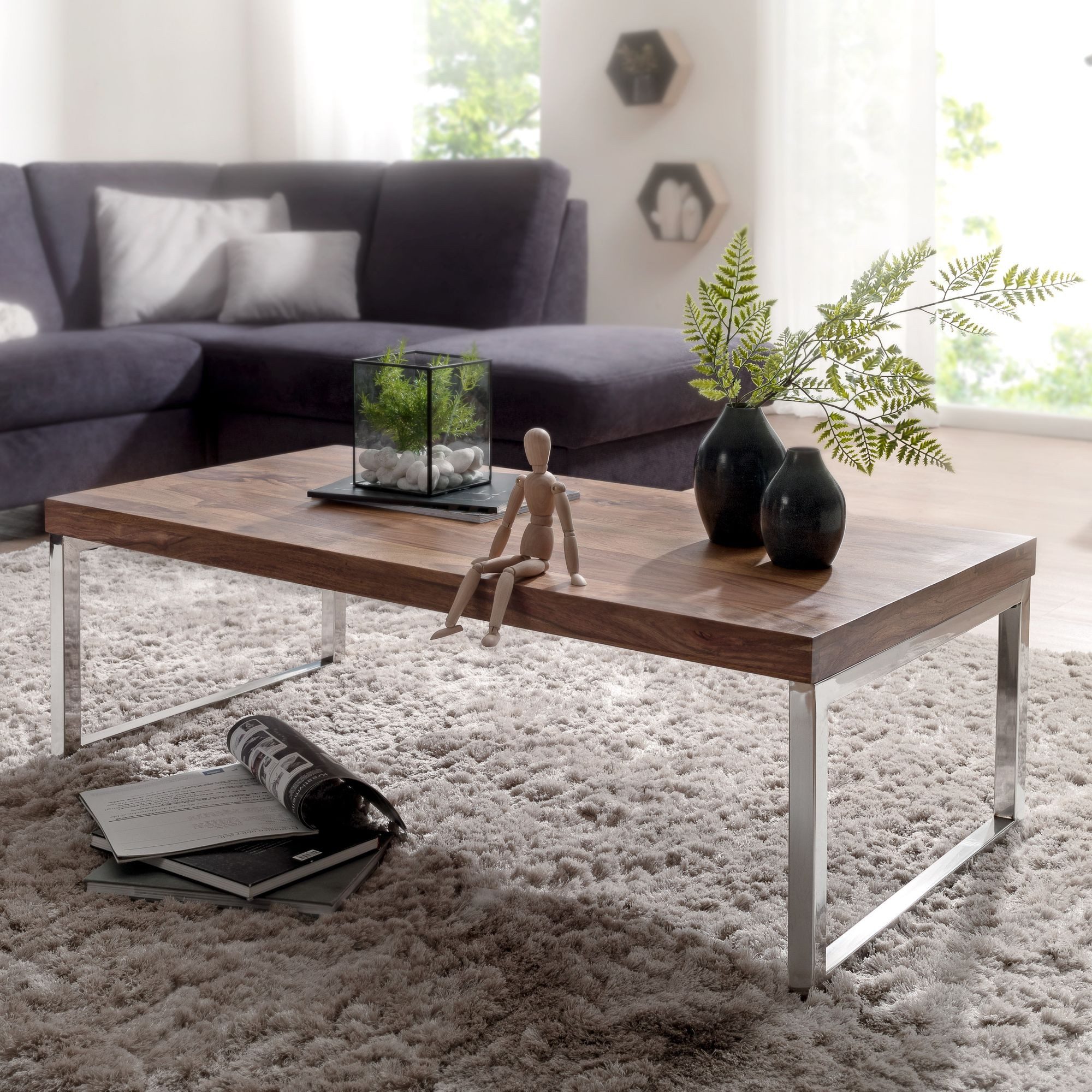 FINEBUY Couchtisch SuVa1473_1 (Massivholz / Chrom günstig online kaufen