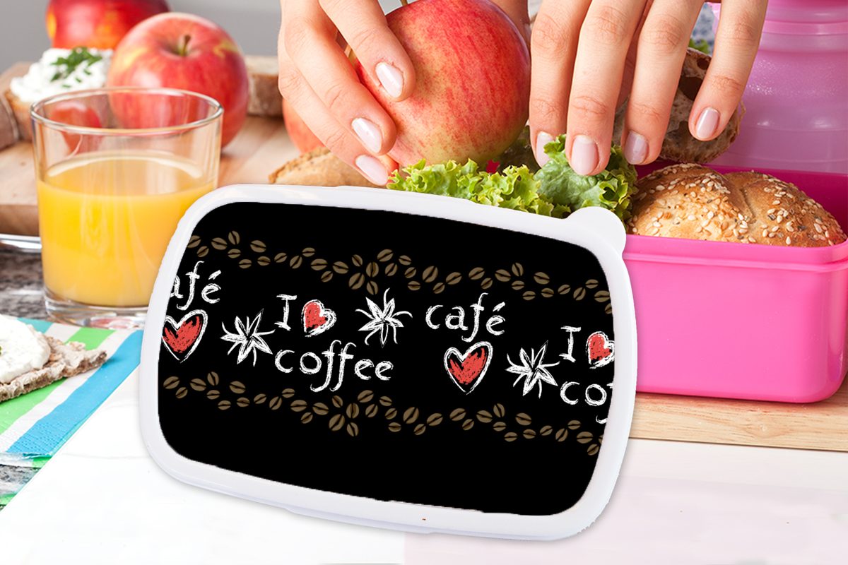 rosa Brotdose MuchoWow Kaffee Kunststoff - Lunchbox Muster - Mädchen, (2-tlg), Brotbox Kunststoff, Erwachsene, für Kinder, Liebe, Snackbox,