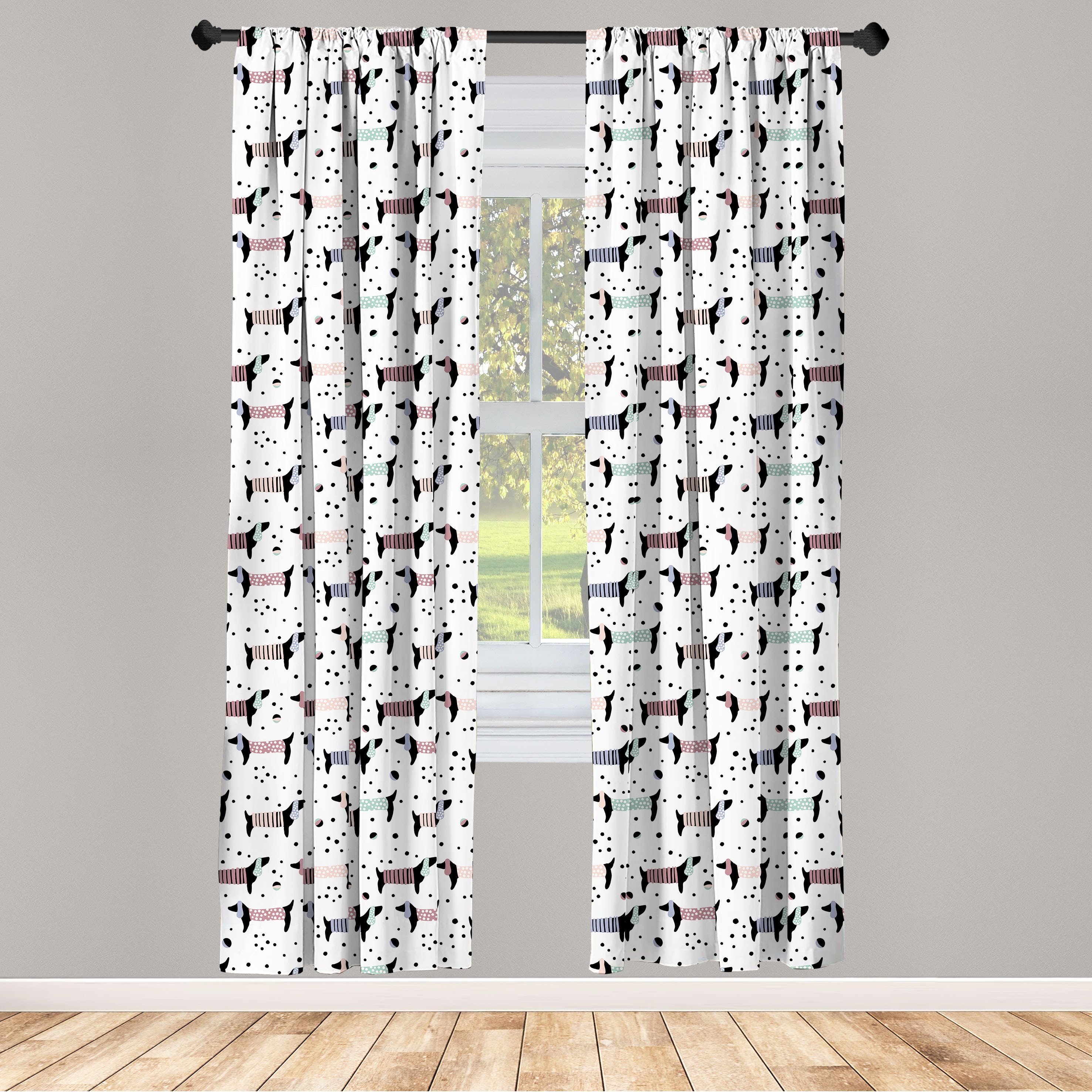 Gardine Vorhang für Wohnzimmer Schlafzimmer Dekor, Abakuhaus, Microfaser, Hund Dackel-Silhouetten Dots
