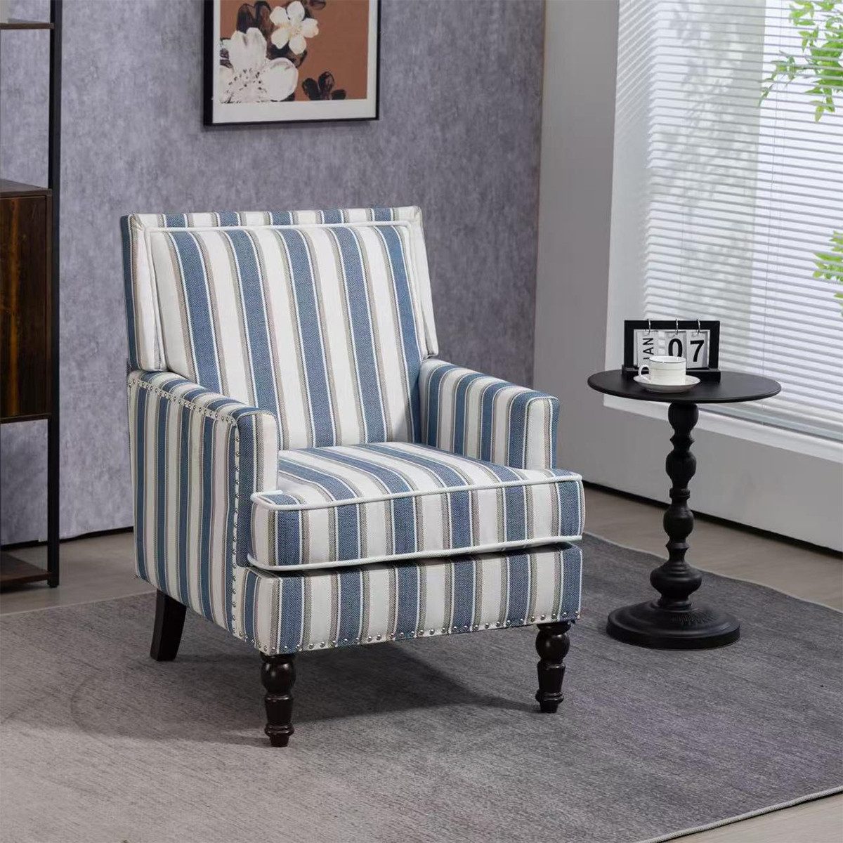 XDeer Chesterfield-Sessel Sessel mit Blau-weiß Gestreiftem Leinenstoff und, Nagelkopfeinfassung Akzentstuhl Loungesessel für Wohnzimmer