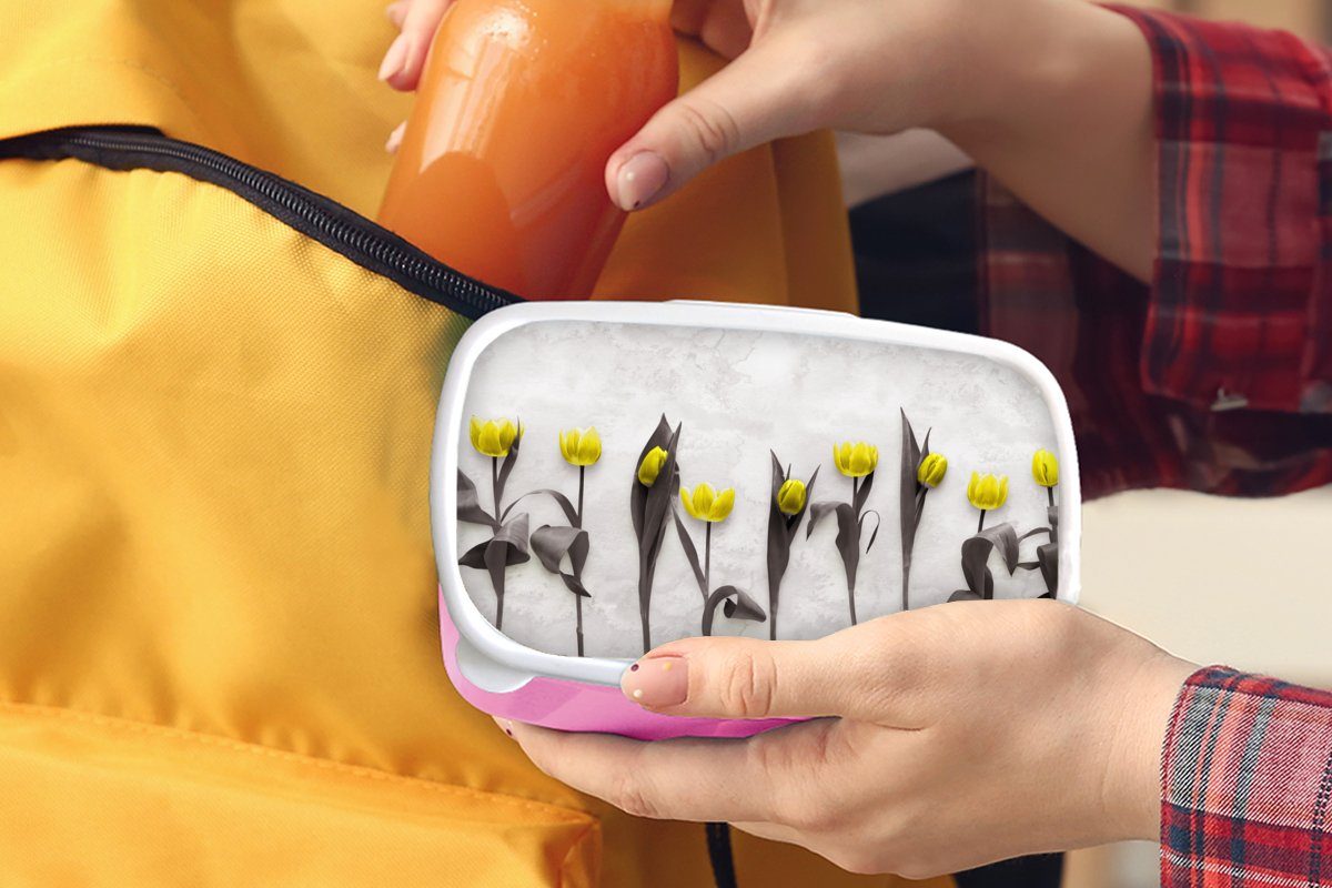 MuchoWow Lunchbox Marmor, für Brotdose - Brotbox Blumen Kinder, Kunststoff Erwachsene, Mädchen, (2-tlg), rosa - Kunststoff, Tulpen Snackbox